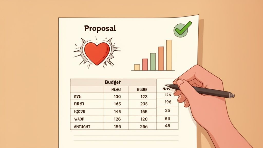 A hand writes on a proposal document featuring a heart, a bar graph, and a budget table.