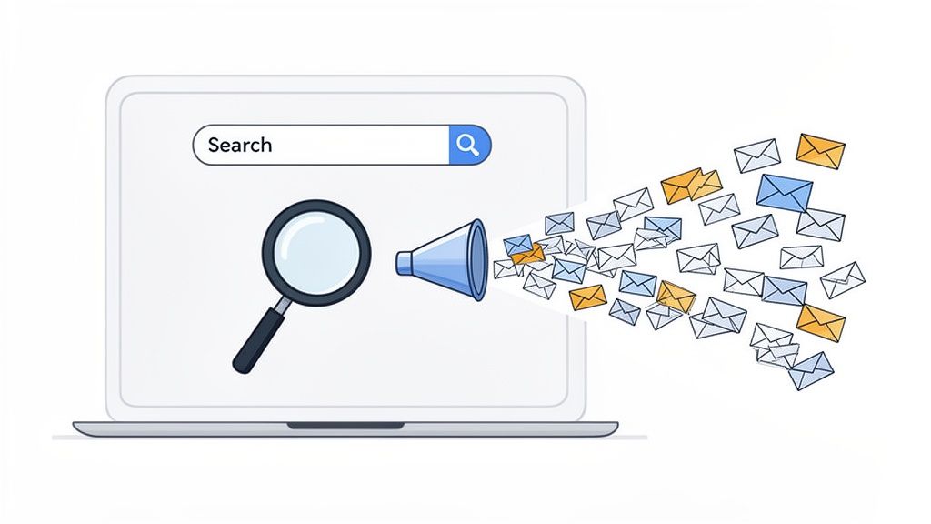 A laptop screen with a search bar, magnifying glass, and megaphone sending out many emails.