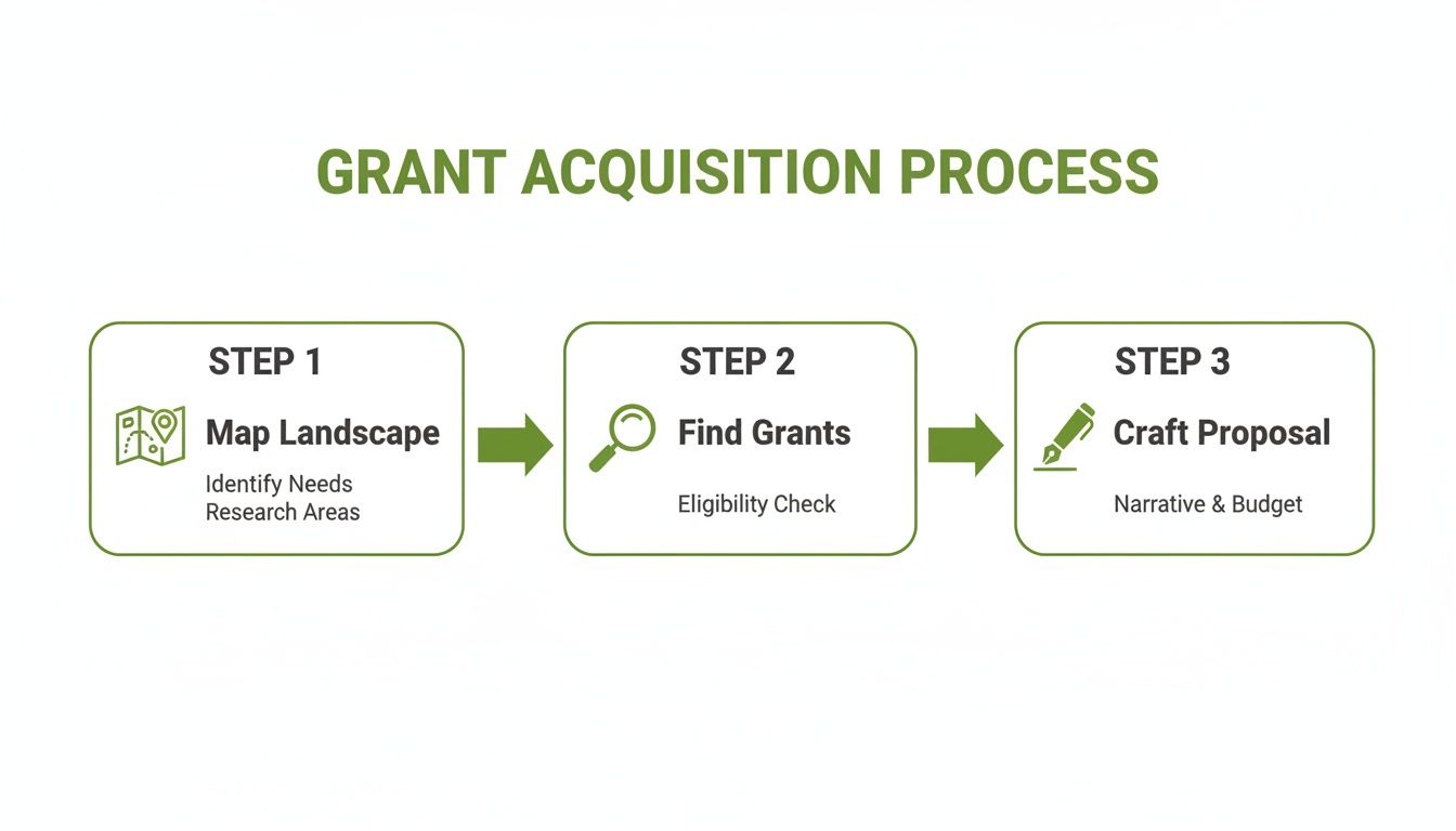 Infographic outlining a three-step grant acquisition process: mapping landscape, finding grants, and crafting proposals.