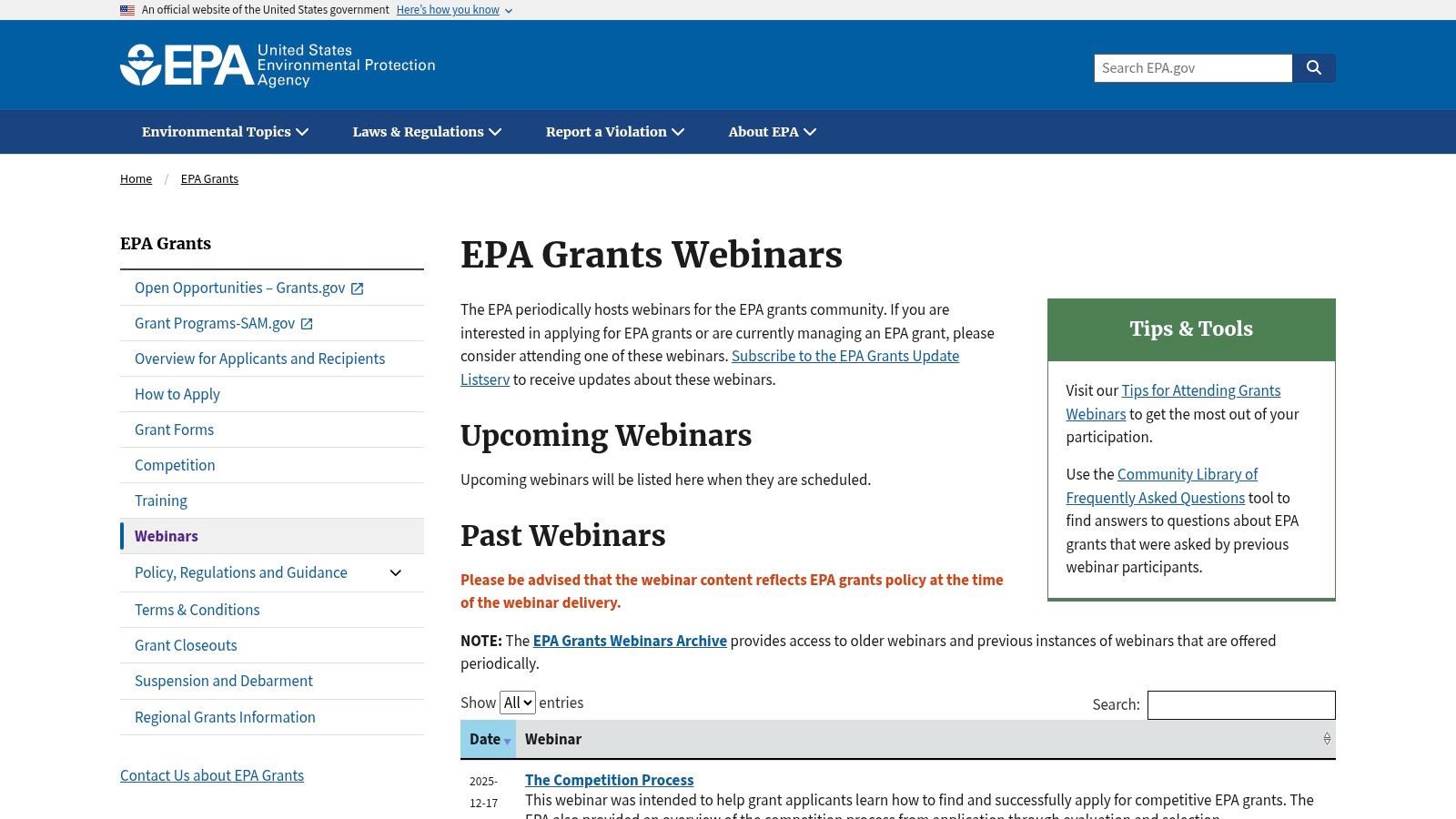 U.S. EPA Grants Webinars
