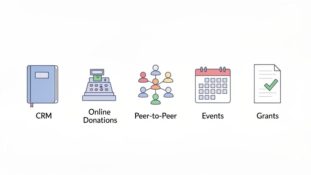 Illustrative icons depicting various fundraising methods: CRM, online donations, peer-to-peer, events, and grants.