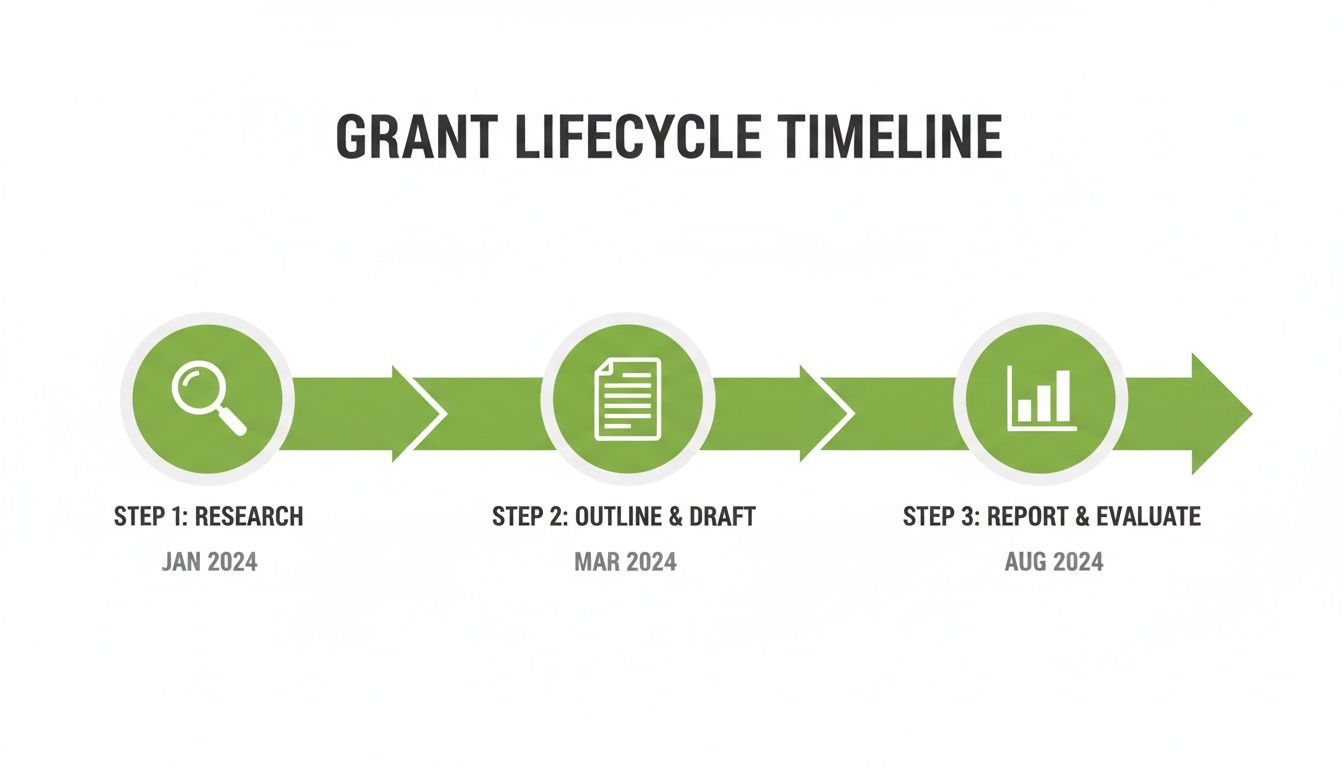 A grant lifecycle timeline illustrating three steps: research, outline & draft, and report & evaluate with dates.