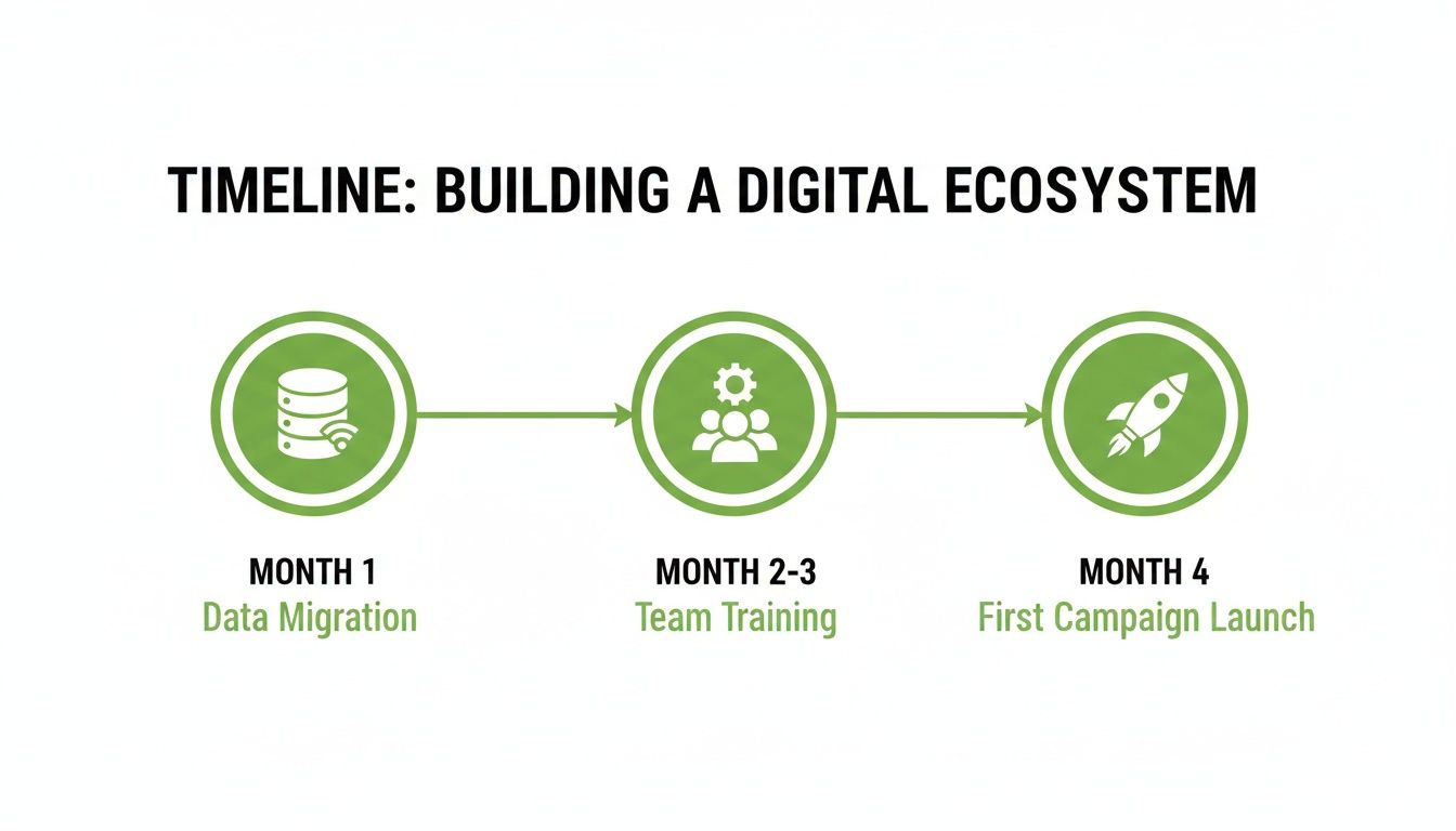 Timeline showing three steps for building a digital ecosystem: data migration, team training, and campaign launch.