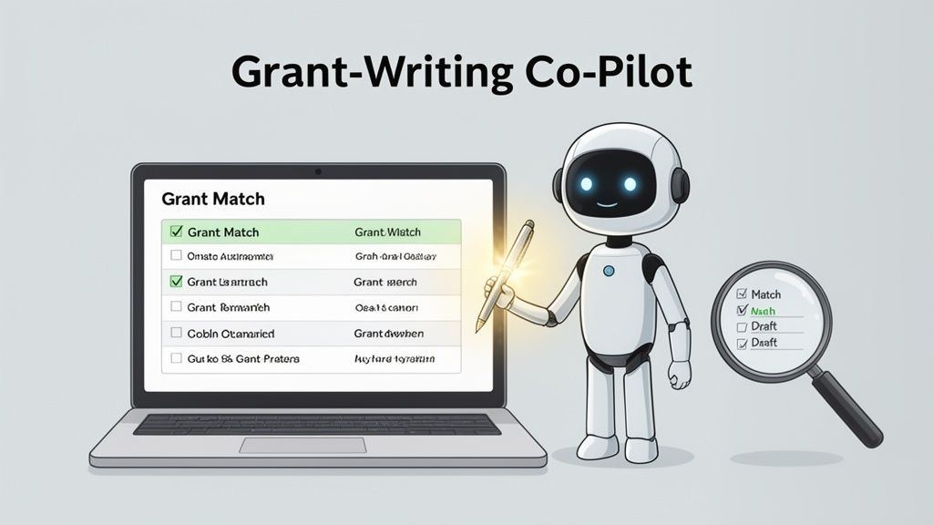 A smiling robot helps with grant writing, showing grant matches on a laptop screen and a magnifying glass.
