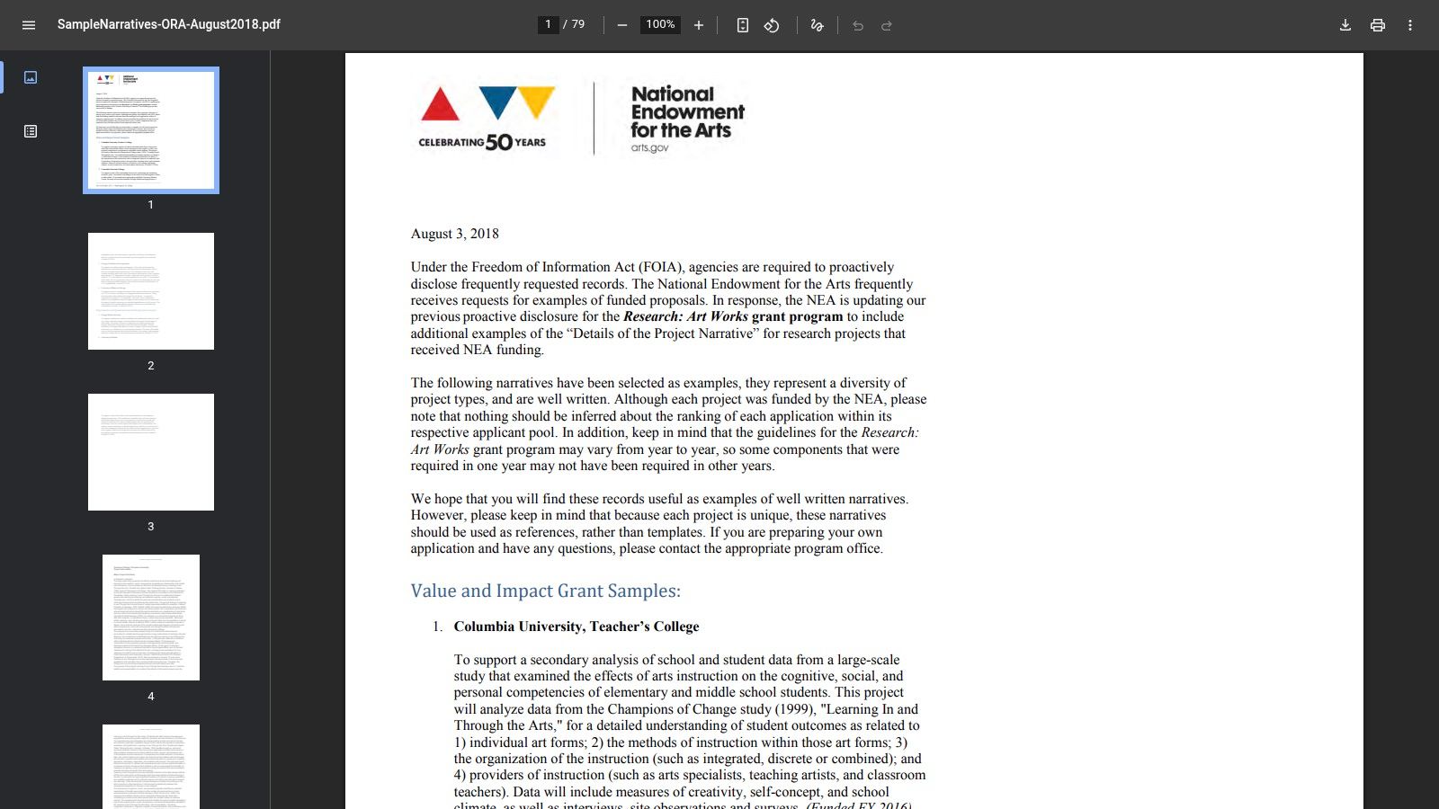 National Endowment for the Arts (NEA) — Sample Narratives (program‑specific)
