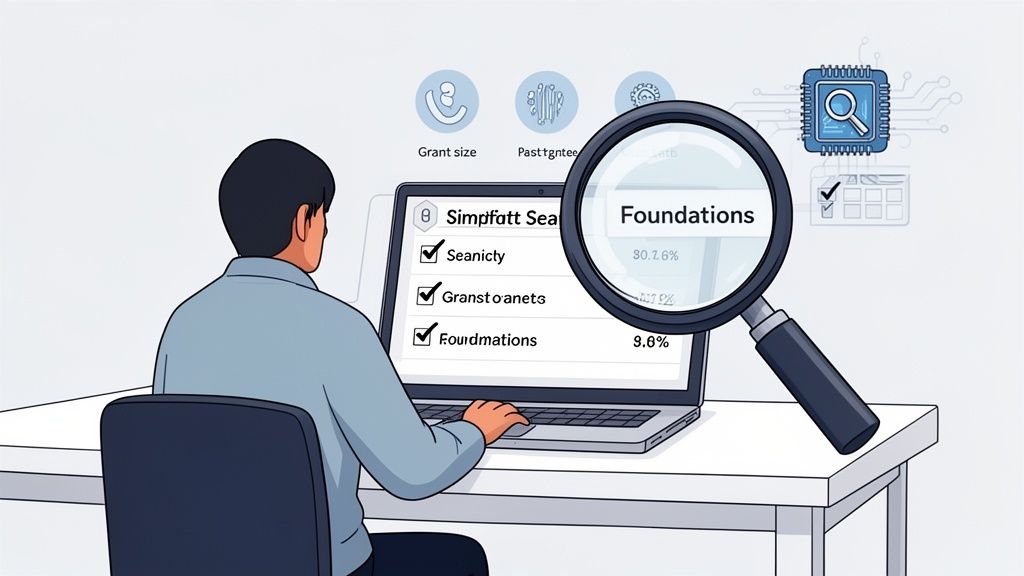 A person analyzing grant information on a laptop, with a magnifying glass highlighting 'Foundations'.