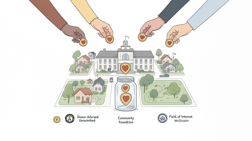 Hands donate heart coins to a community foundation jar, benefiting a town with homes and a central building.