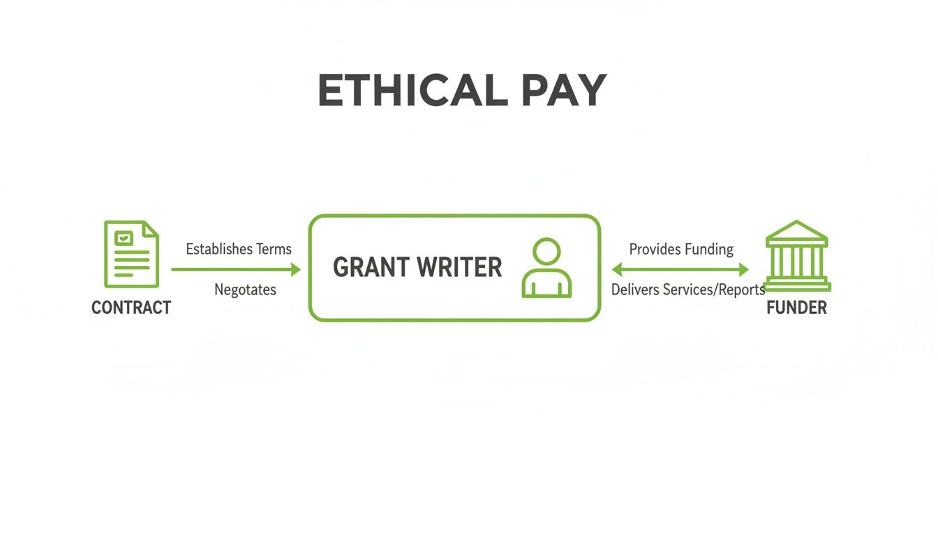 Diagram showing the ethical pay process for a grant writer, involving a contract, the writer, and a funder.