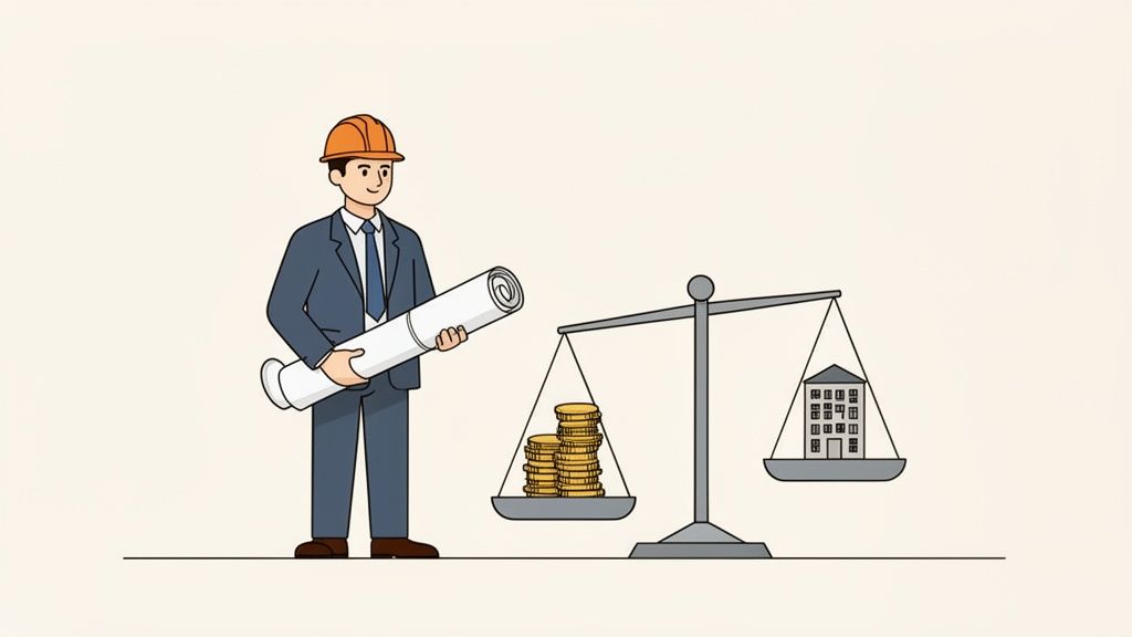 An engineer with blueprints next to a scale balancing money and a building, symbolizing construction costs or real estate investment.