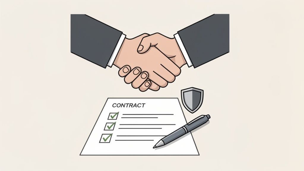 Illustration of a handshake above a contract document, pen, and a shield, symbolizing a secure business agreement.
