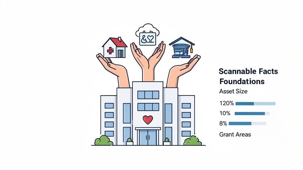 Illustration of a foundation building supporting healthcare, social services, and education, with asset size statistics.