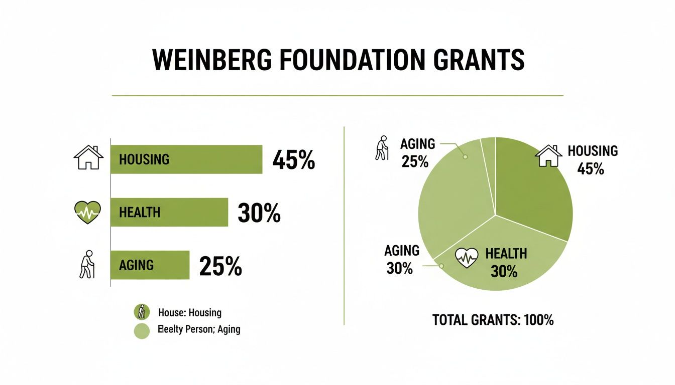 Weinberg Foundation grants distribution by category: 45% Housing, 30% Health, 25% Aging.