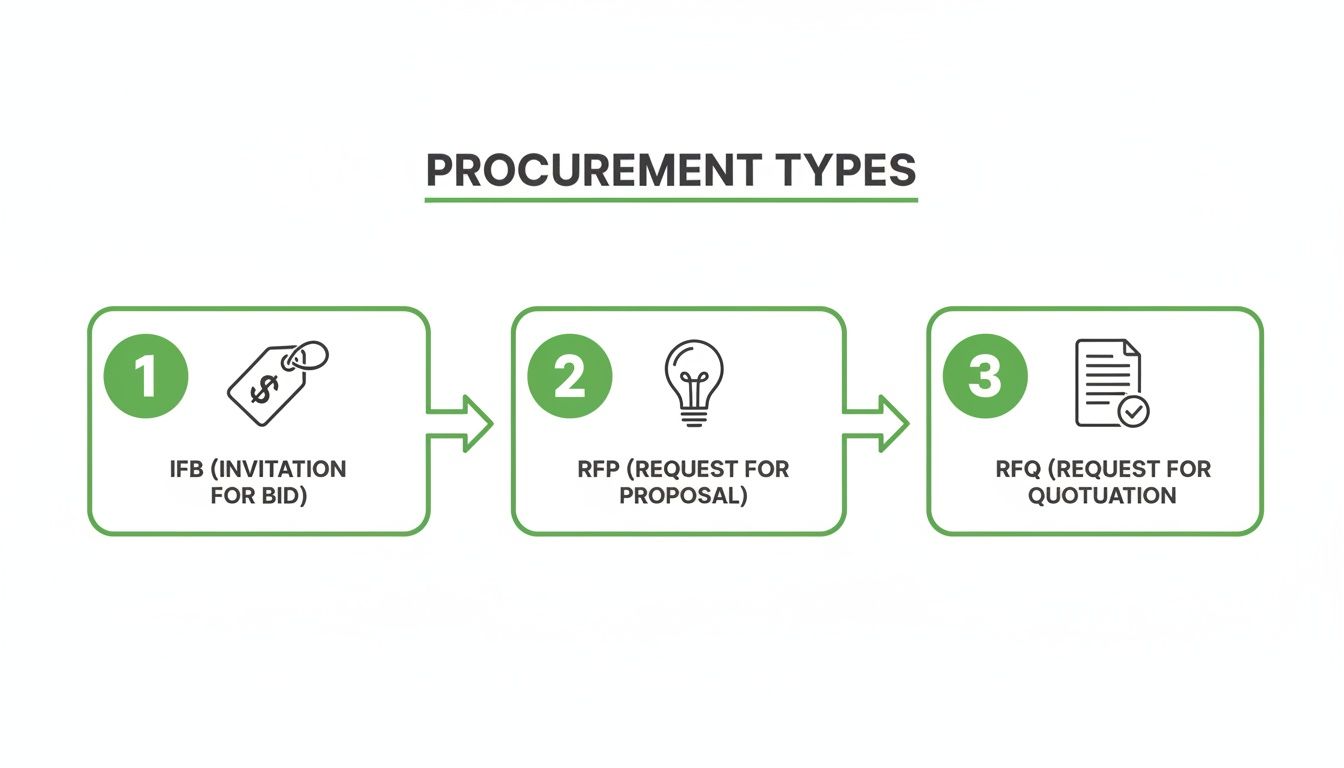 Flowchart detailing three key procurement types: IFB, RFP, and RFQ, with their full names and relevant icons.
