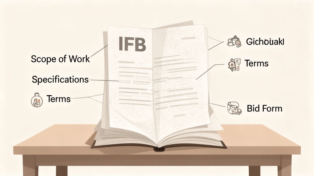 An open IFB document on a table, highlighting its components like Scope of Work, Specifications, Terms, and Bid Form.