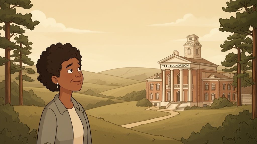 An animated woman standing in a grassy landscape looking towards the TLL Foundation building in the distance.