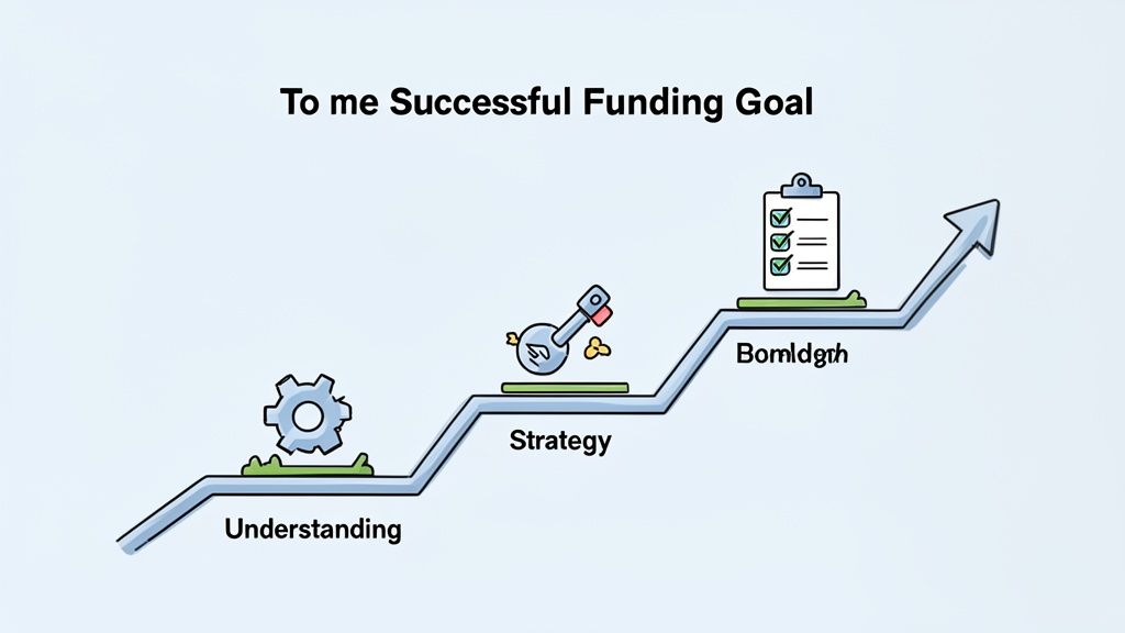 A visual chart showing three stages to achieve a successful funding goal: understanding, strategy, and growth.