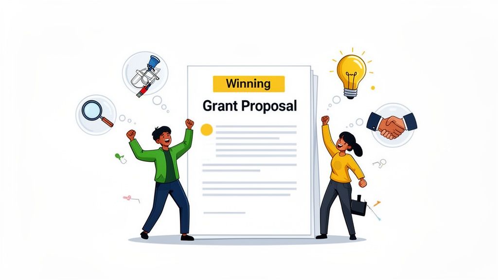A happy man and woman cheering next to a large document titled Winning Grant Proposal.
