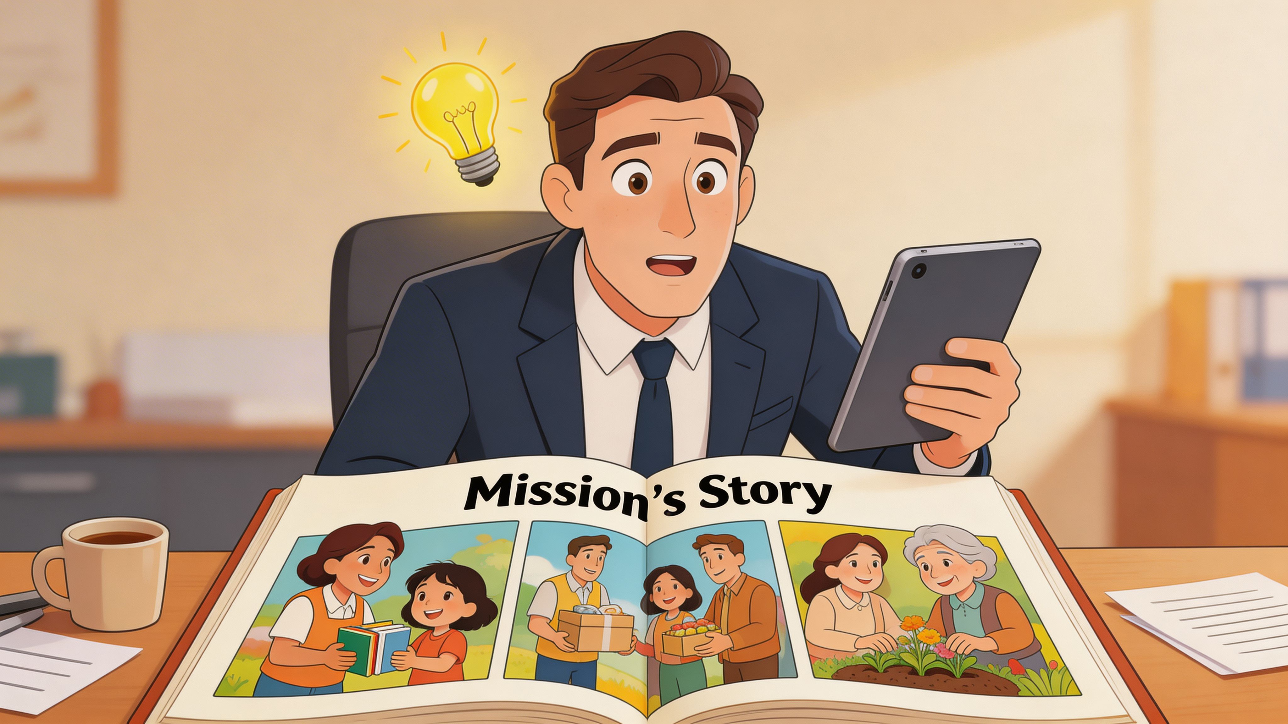 A professional man looks at a digital tablet with a bright idea concept depicted by a lightbulb.