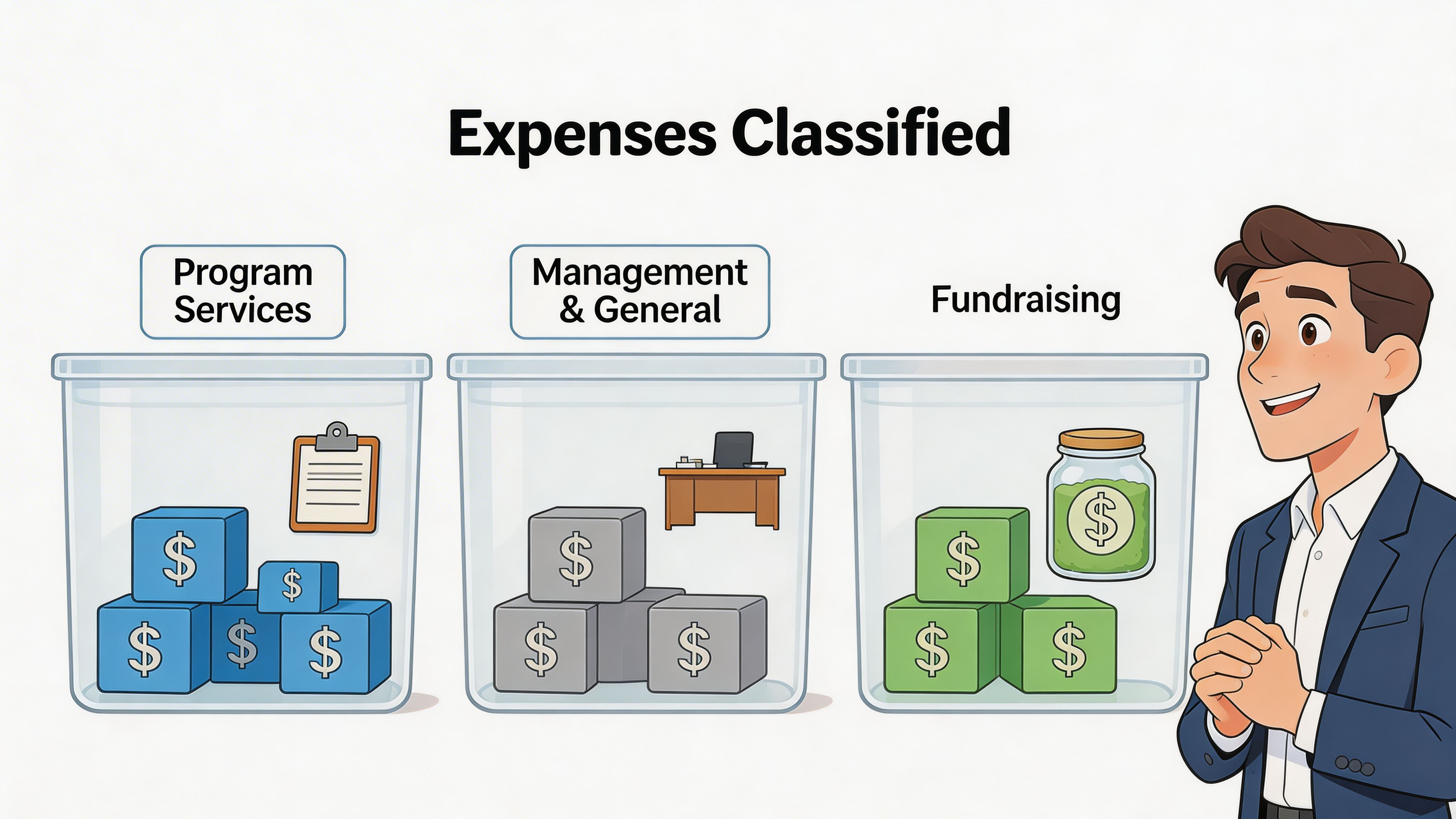 A professional man explaining the classification of non-profit expenses into program services, management, and fundraising categories.