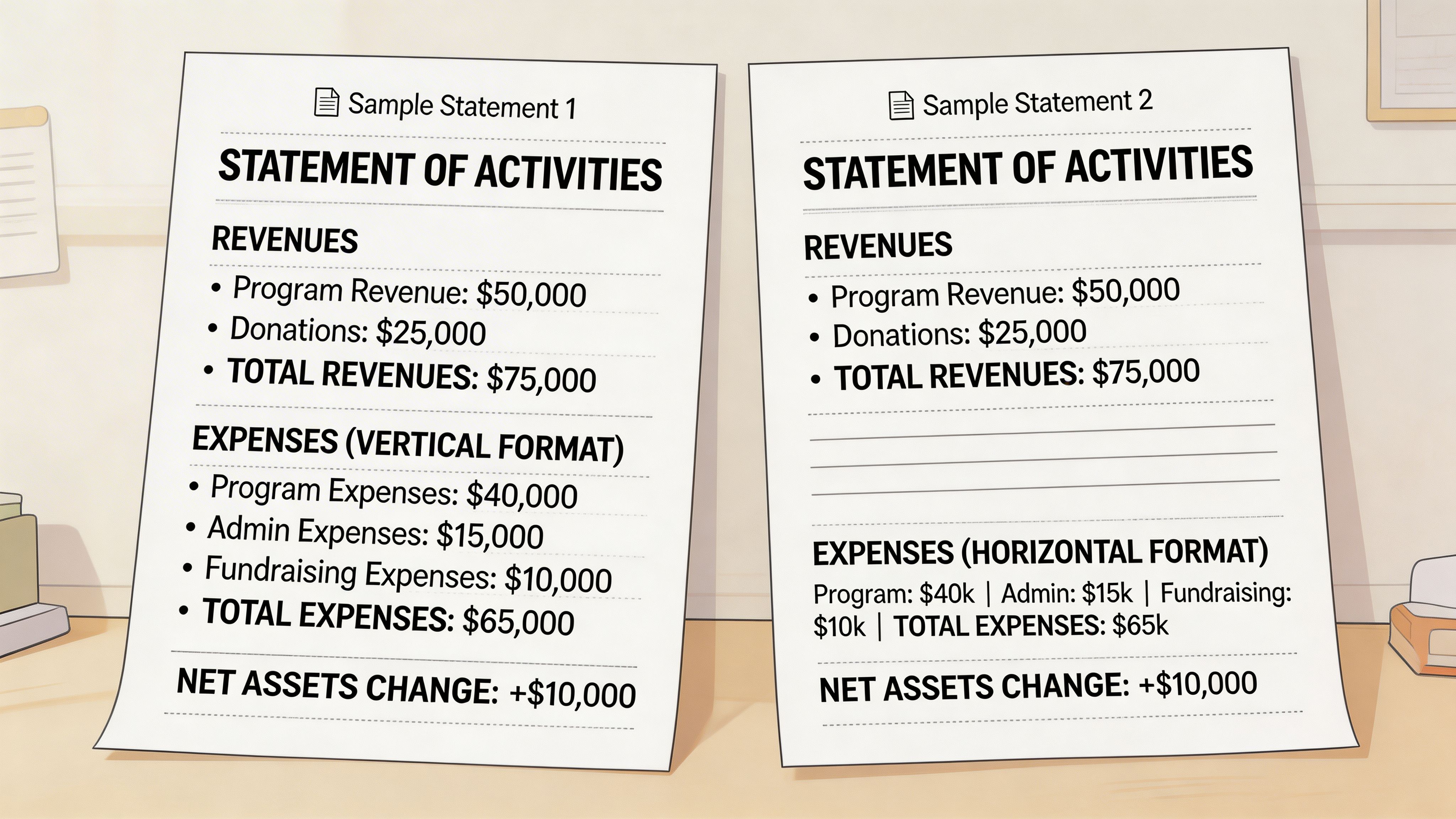 A comparison of two Statement of Activities financial documents showing vertical and horizontal expense reporting formats.