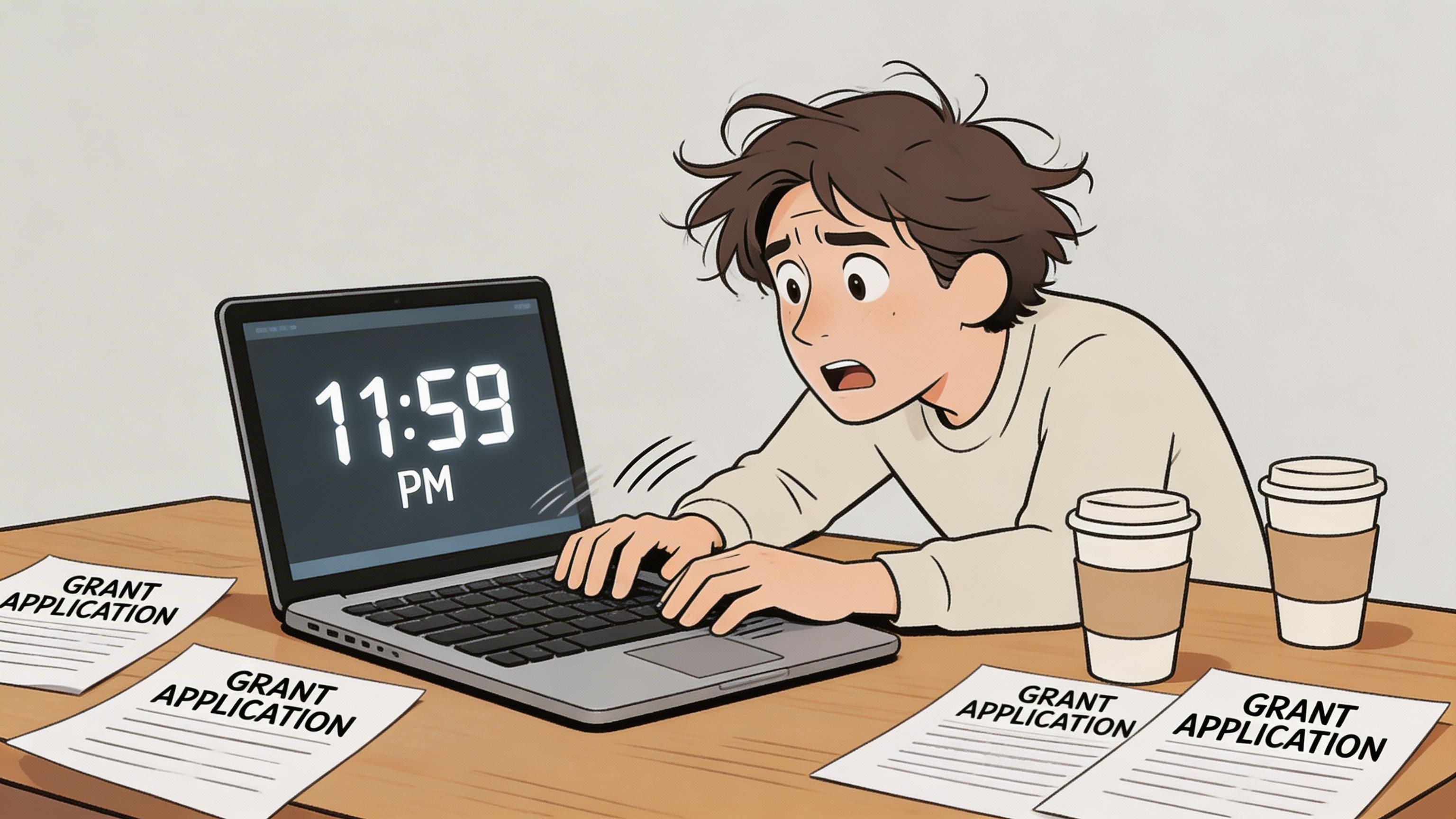 A stressed student frantically working on a grant application on a laptop right before the midnight deadline.