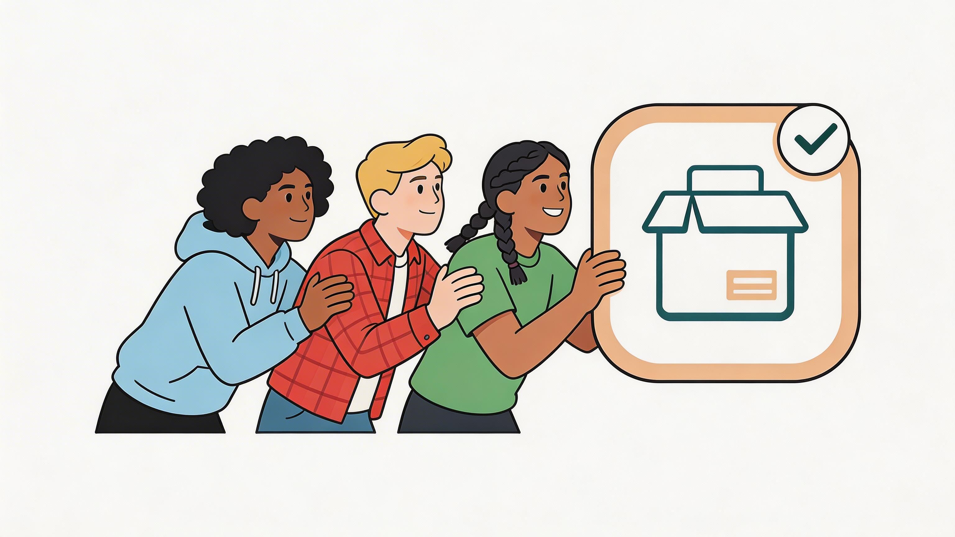A diverse group of three colleagues standing in a line, collectively supporting a large package status icon.
