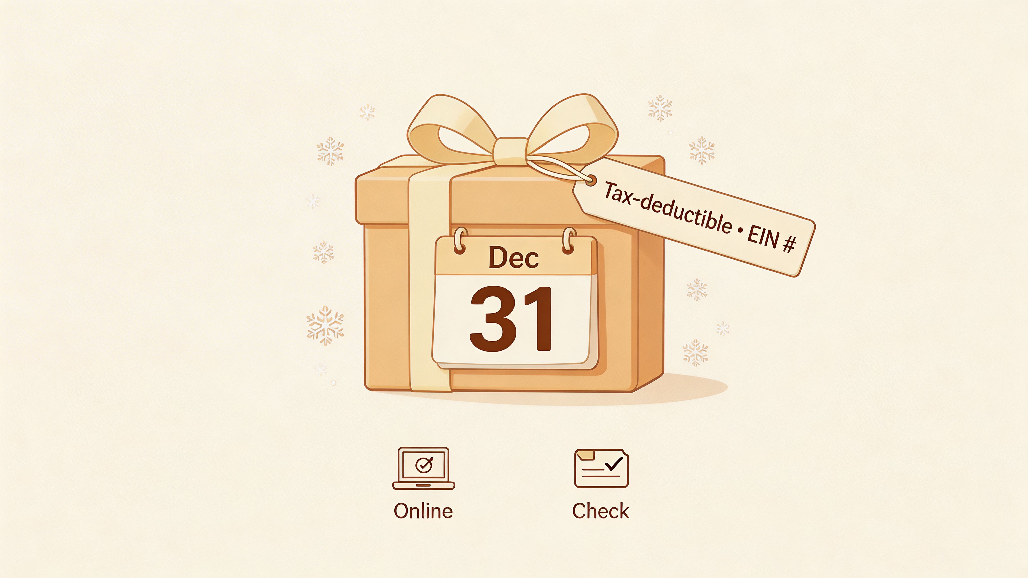 A gift box illustration with a calendar showing December 31st and a tag mentioning tax-deductible donations.