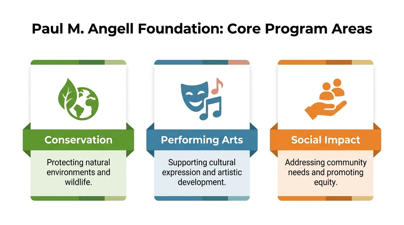 An infographic showing the three core program areas of the Paul M. Angell Foundation: Conservation, Performing Arts, and Social Impact.