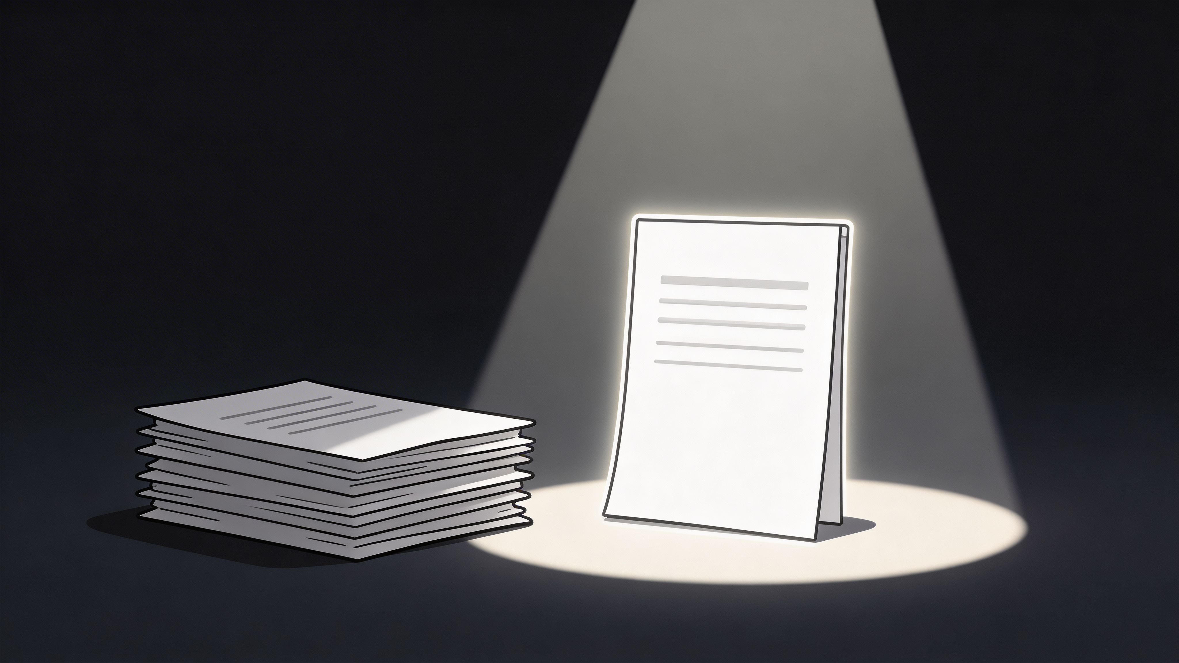 A single illuminated paper document standing upright next to a large stack of documents in darkness.