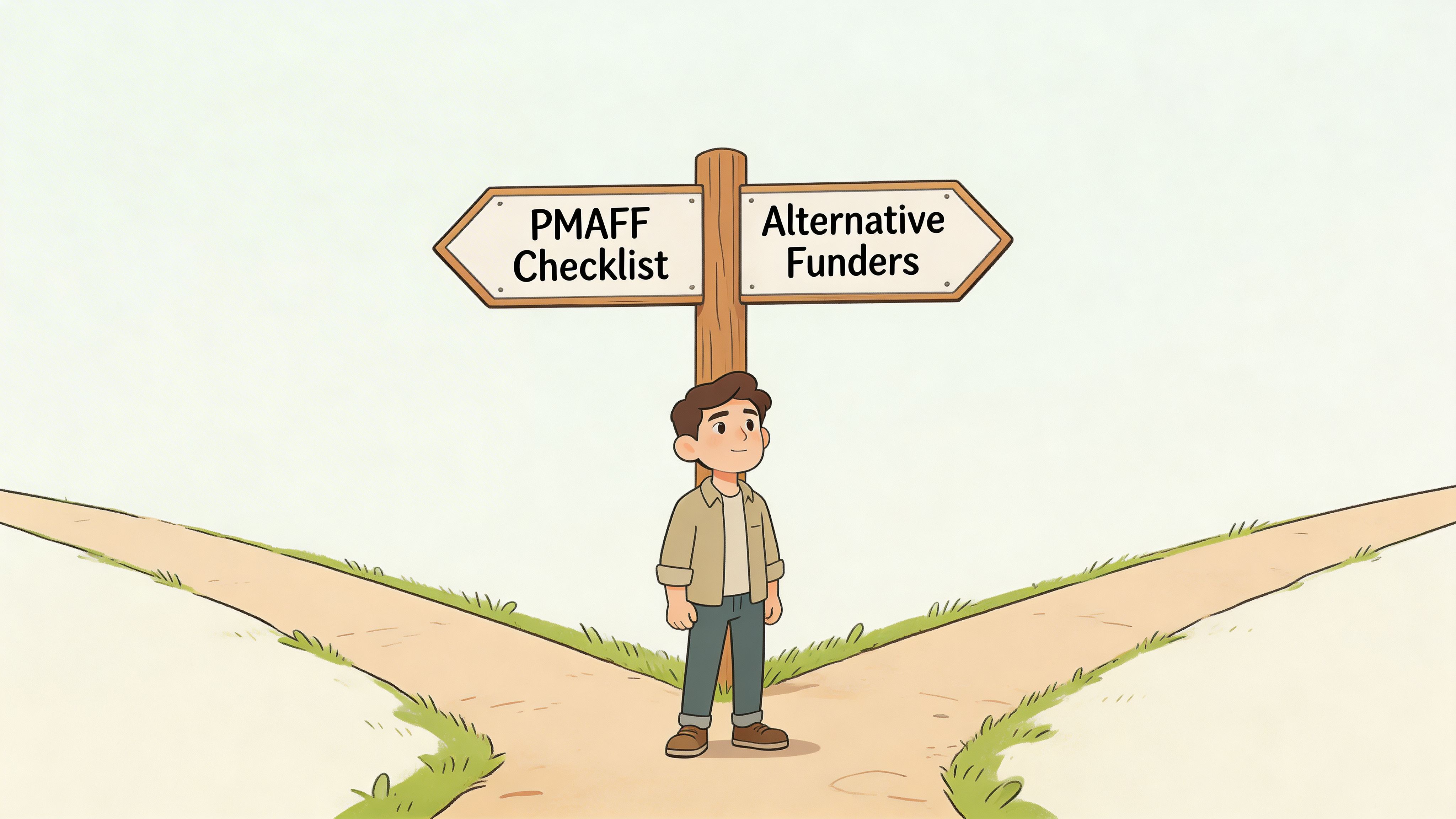 A young man standing at a fork in the road under a signpost pointing to PMAFF Checklist and Alternative Funders.
