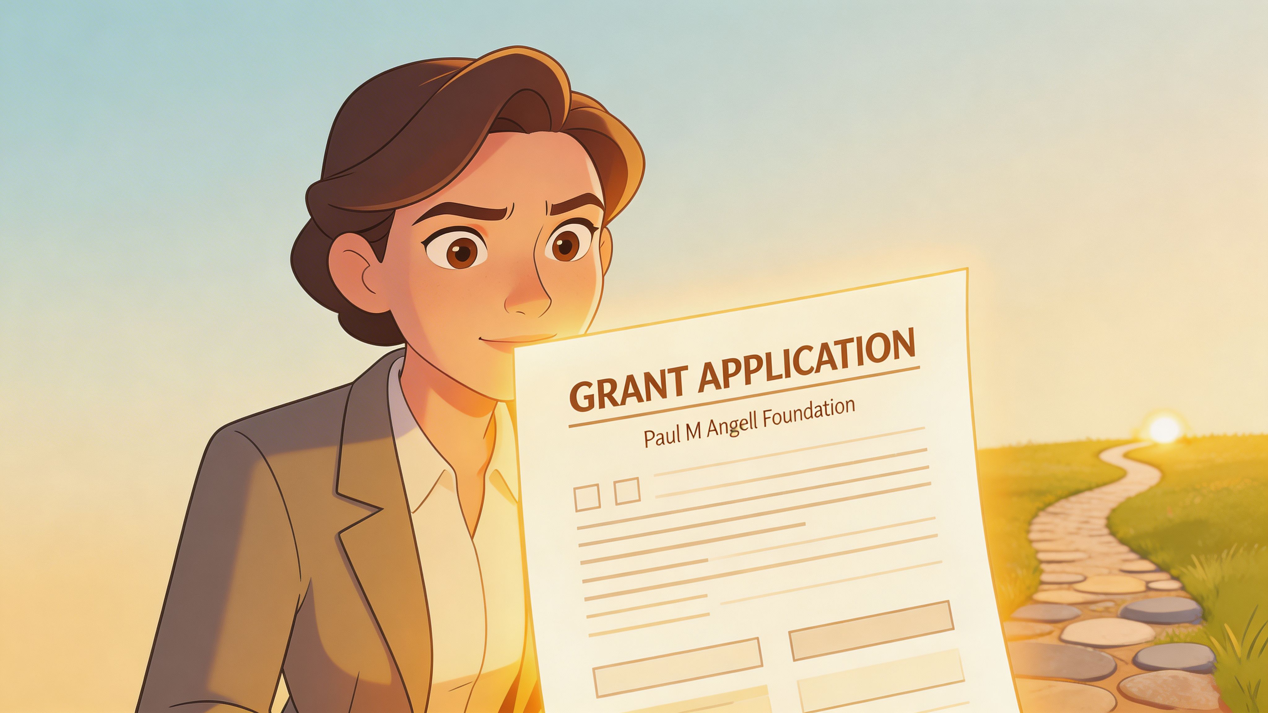 A professional woman holding a Paul M Angell Foundation grant application paper in a sunny field.