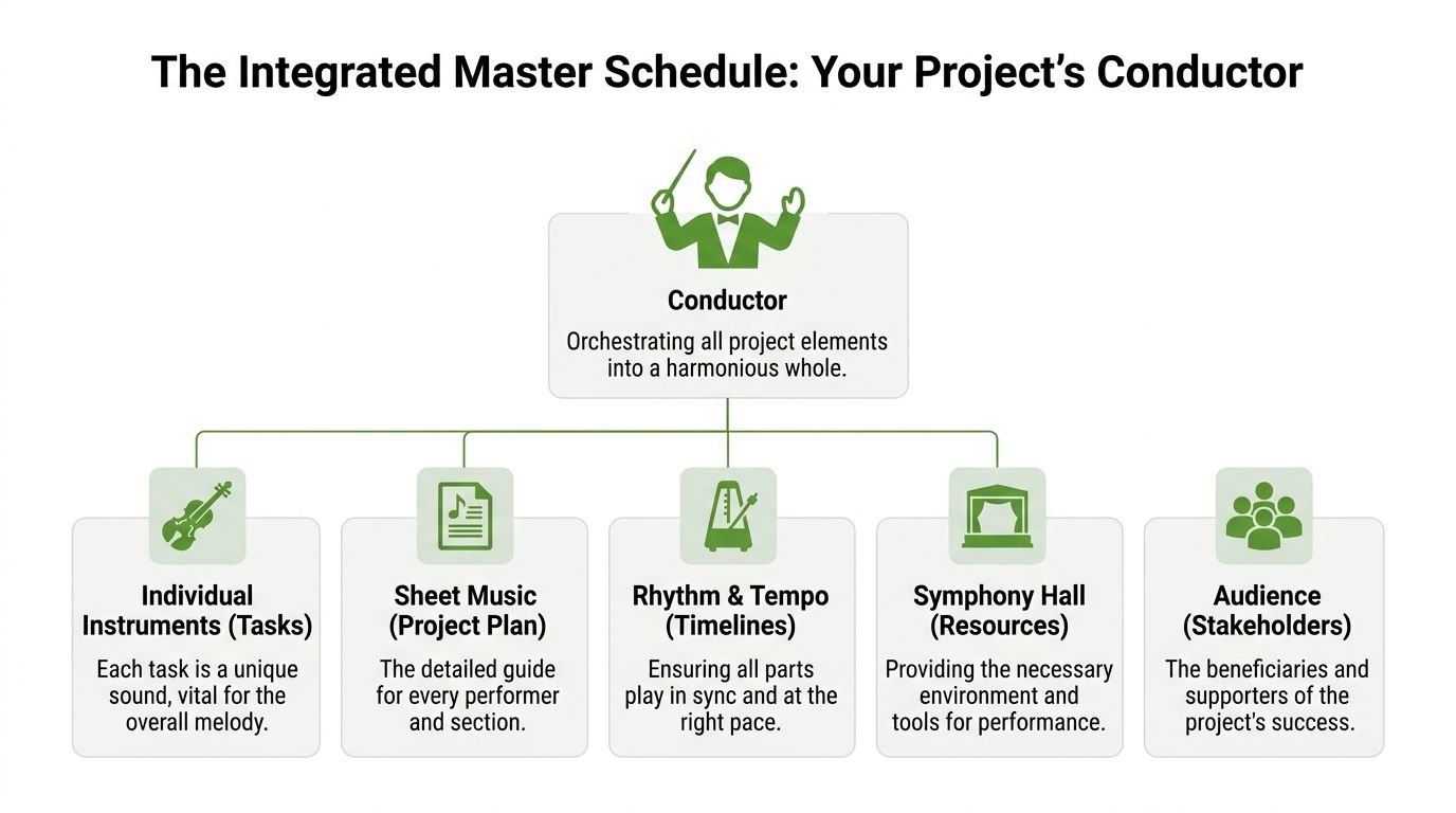 A diagram comparing the Integrated Master Schedule to an orchestra conductor managing various project elements and stakeholders.