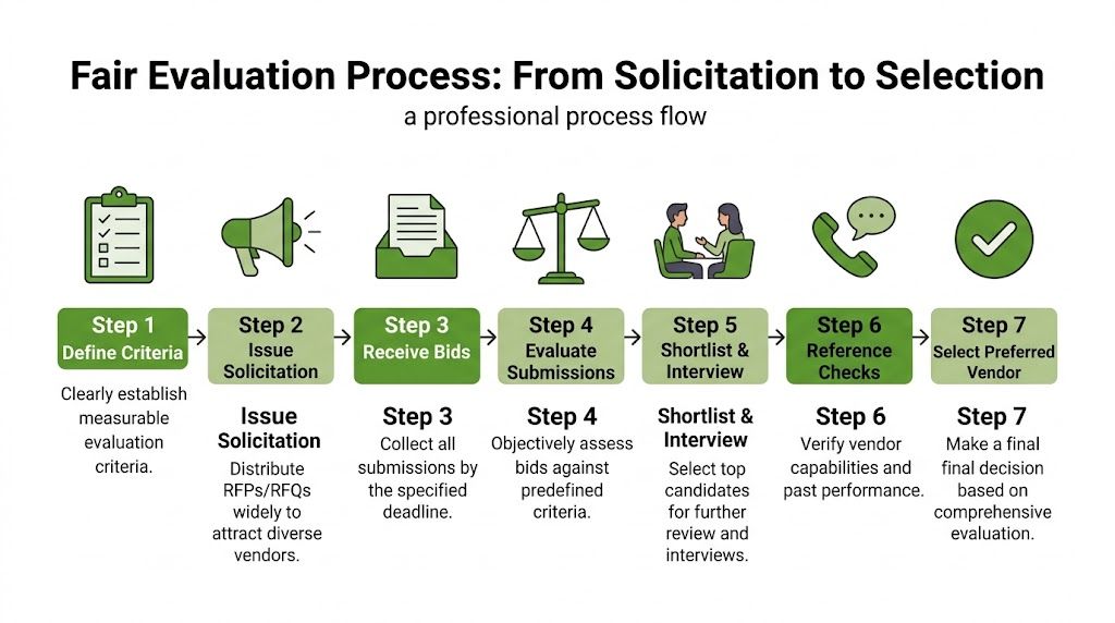A process flow chart illustrating the seven steps of a fair vendor evaluation and selection process.