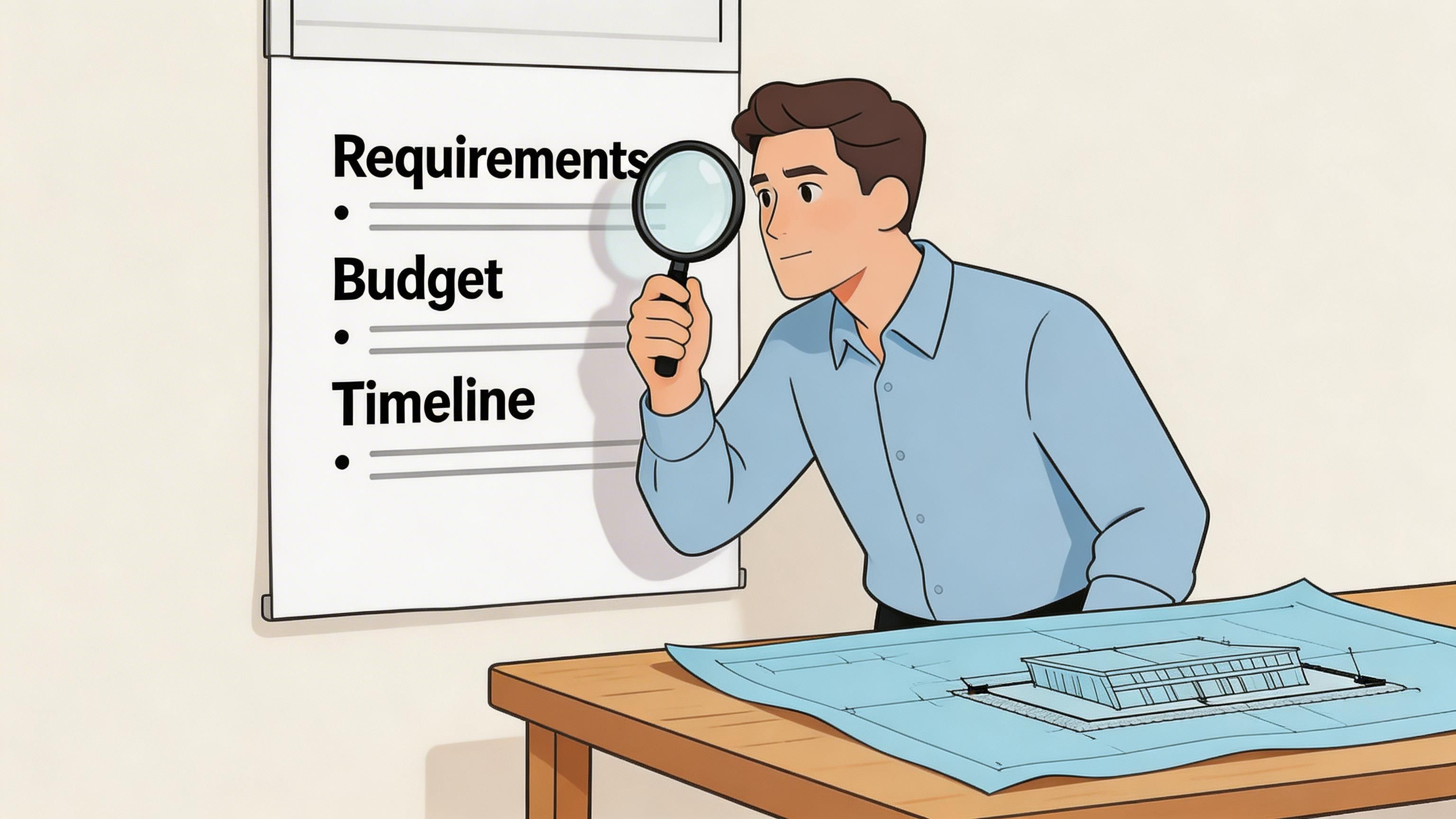 A professional man holding a magnifying glass while reviewing project requirements, budget, and timeline on a whiteboard.