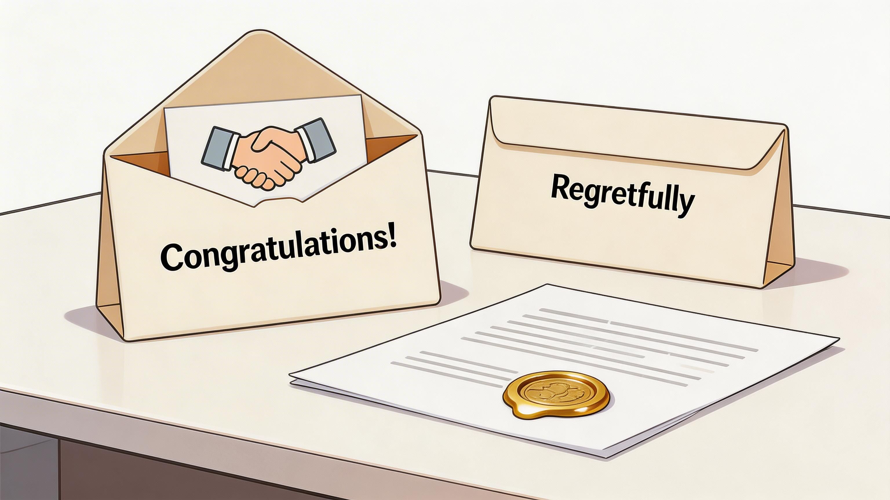 Two envelopes on a desk, one labeled Congratulations with a handshake icon and the other labeled Regretfully.