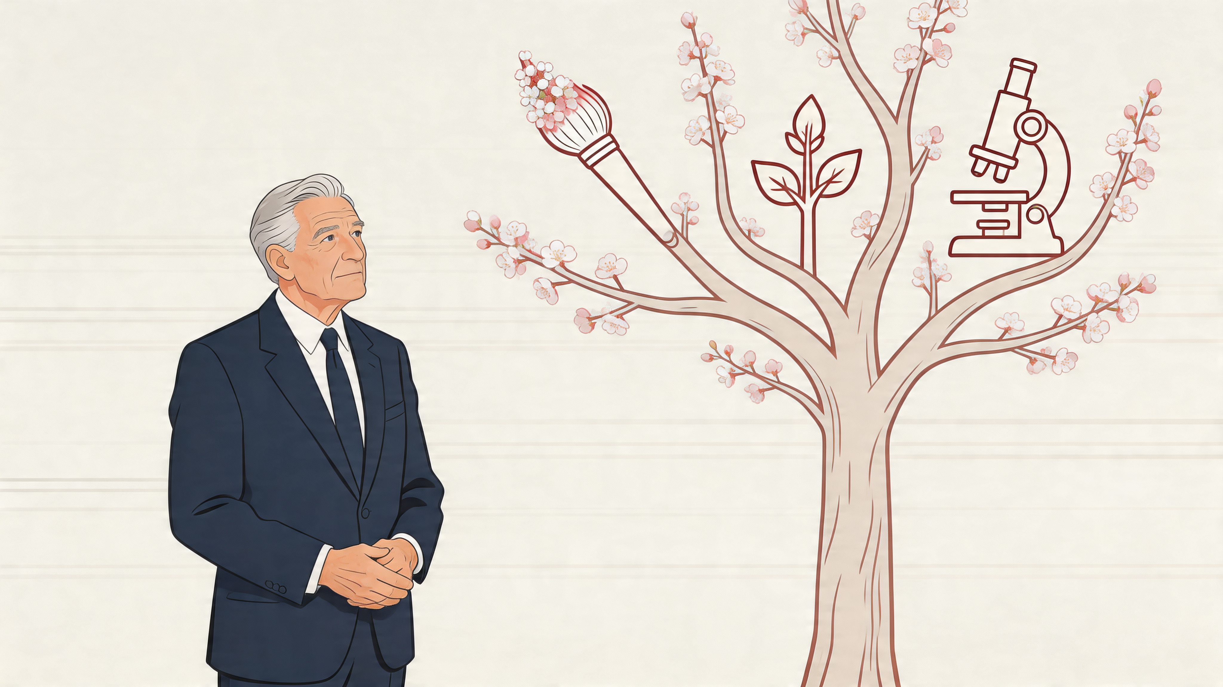 A man in a suit looks toward a stylized tree with icons of a brush, plant, and microscope.