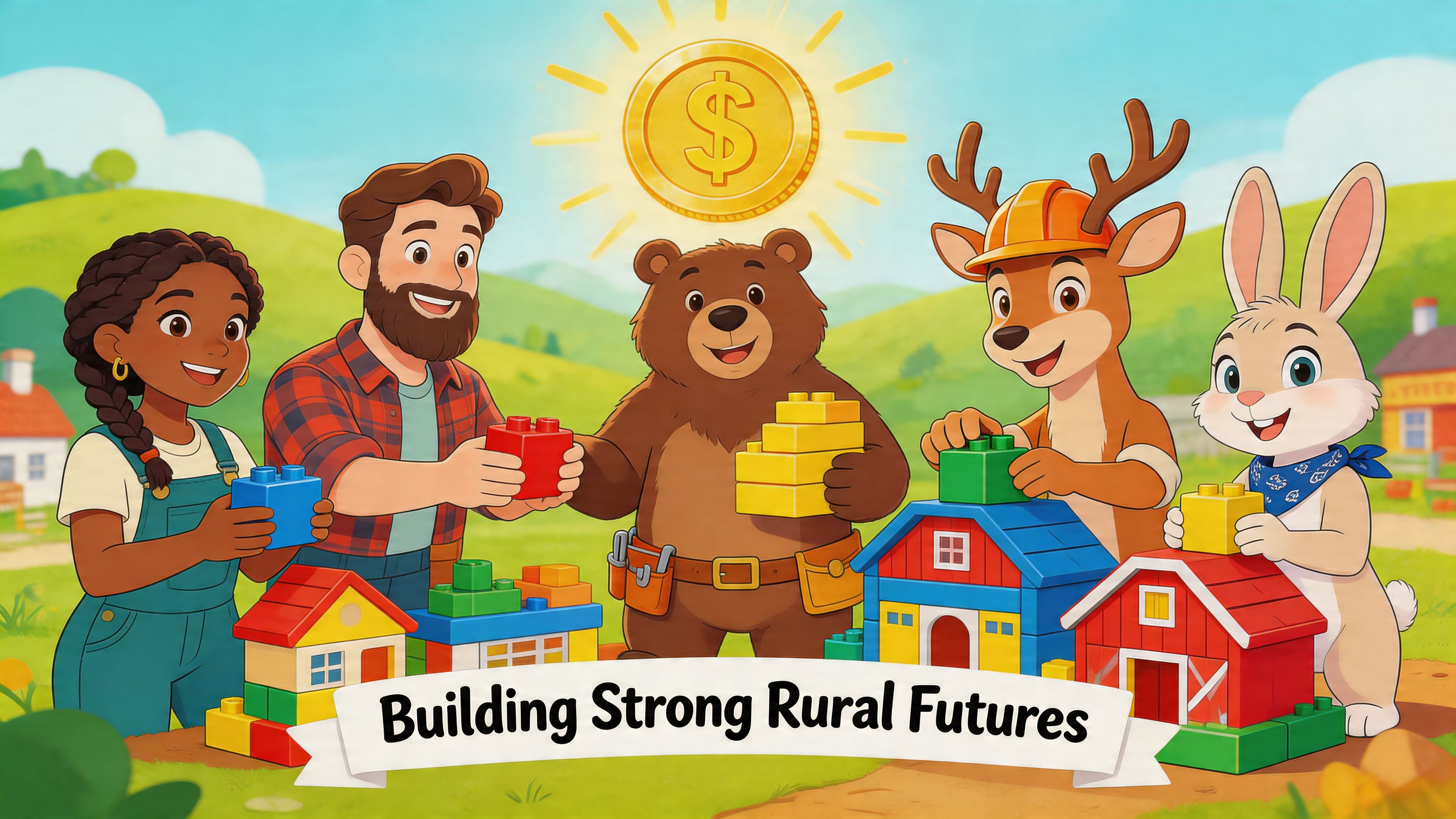 A diverse group of cartoon characters building toy houses from blocks under a glowing gold coin sun.