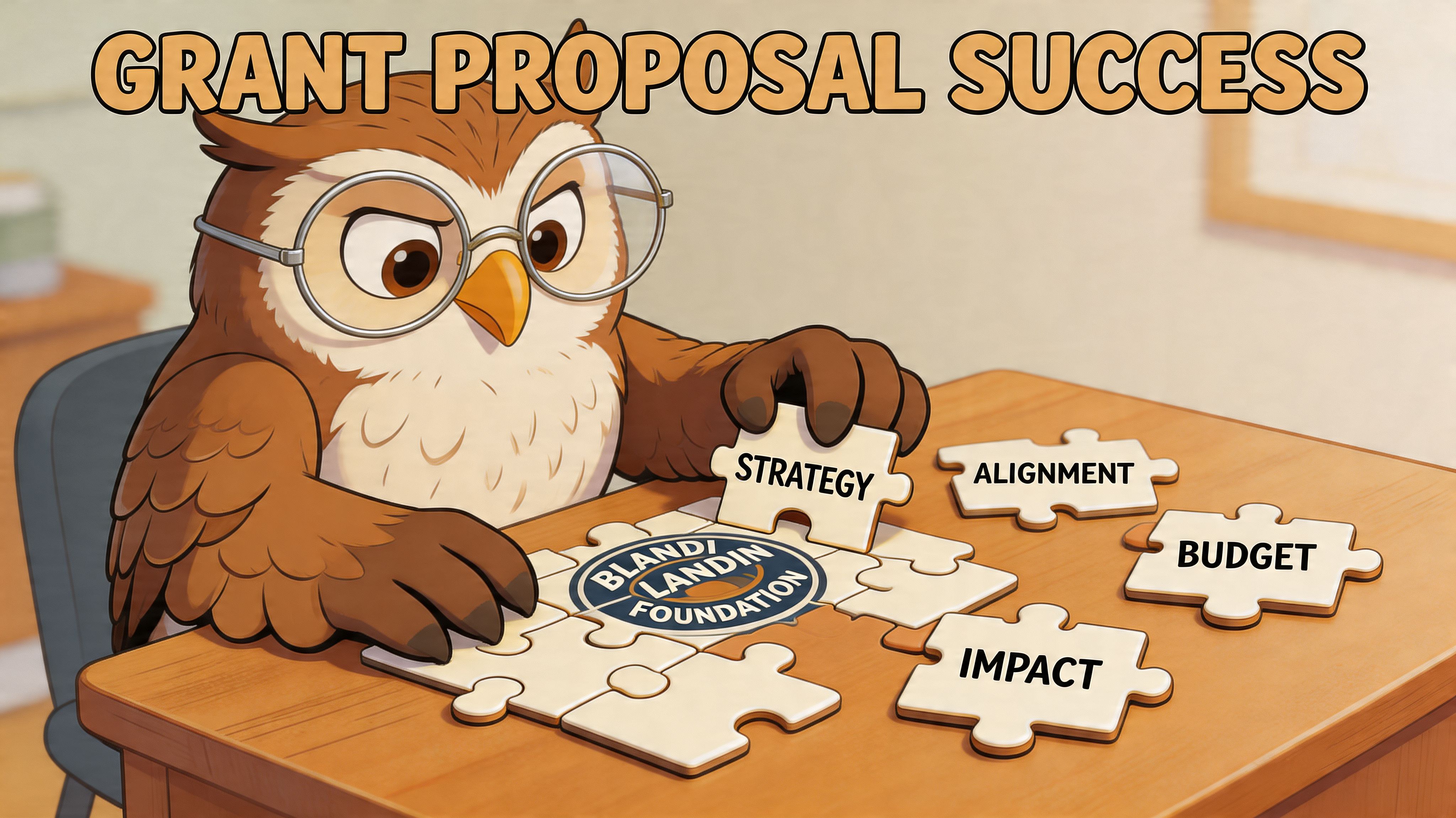 A cartoon owl wearing glasses assembling a puzzle representing the Blandin Foundation grant proposal success strategy.