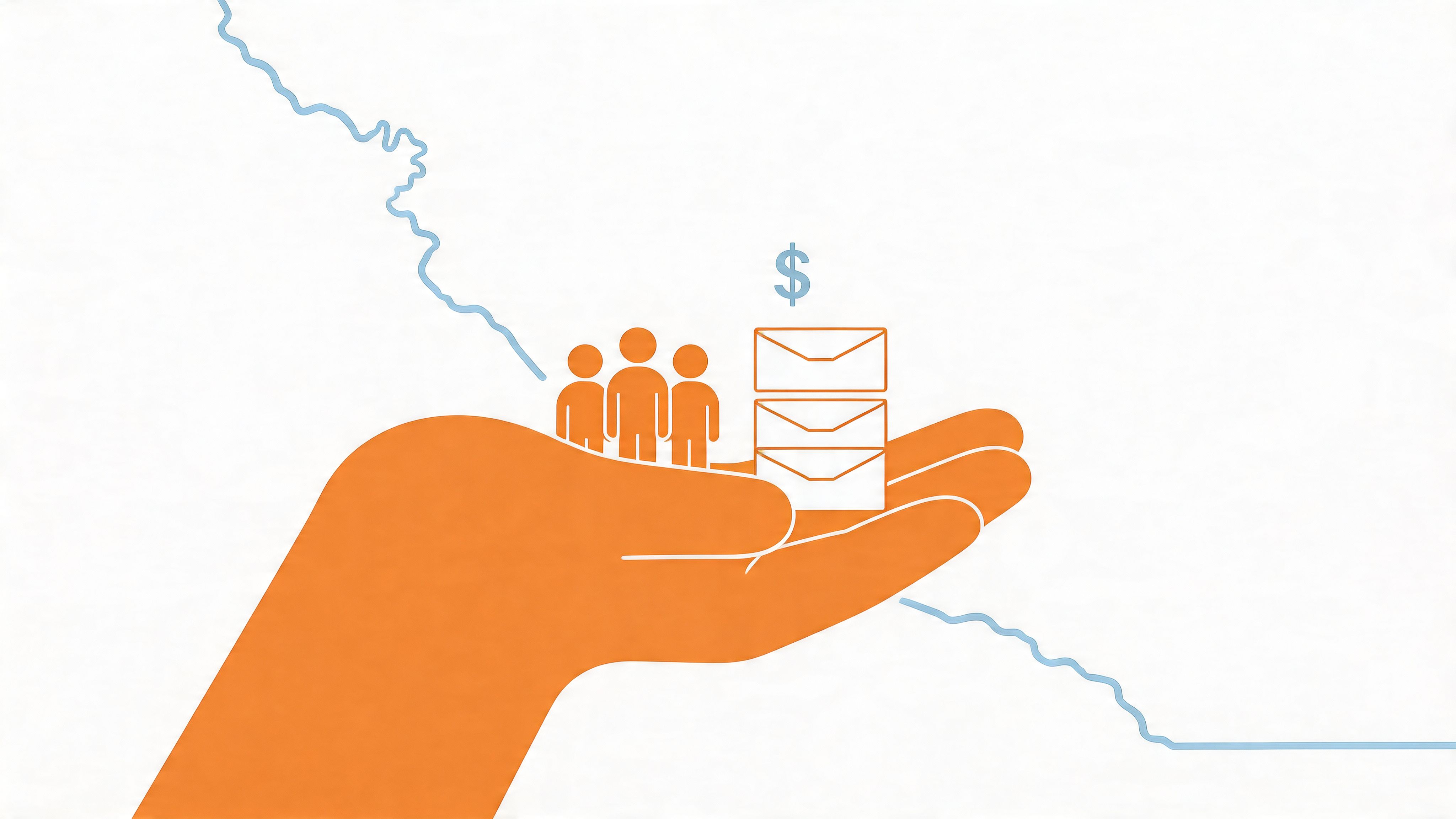 An orange human hand illustration holding three mail envelope icons and three person icons with a dollar sign.