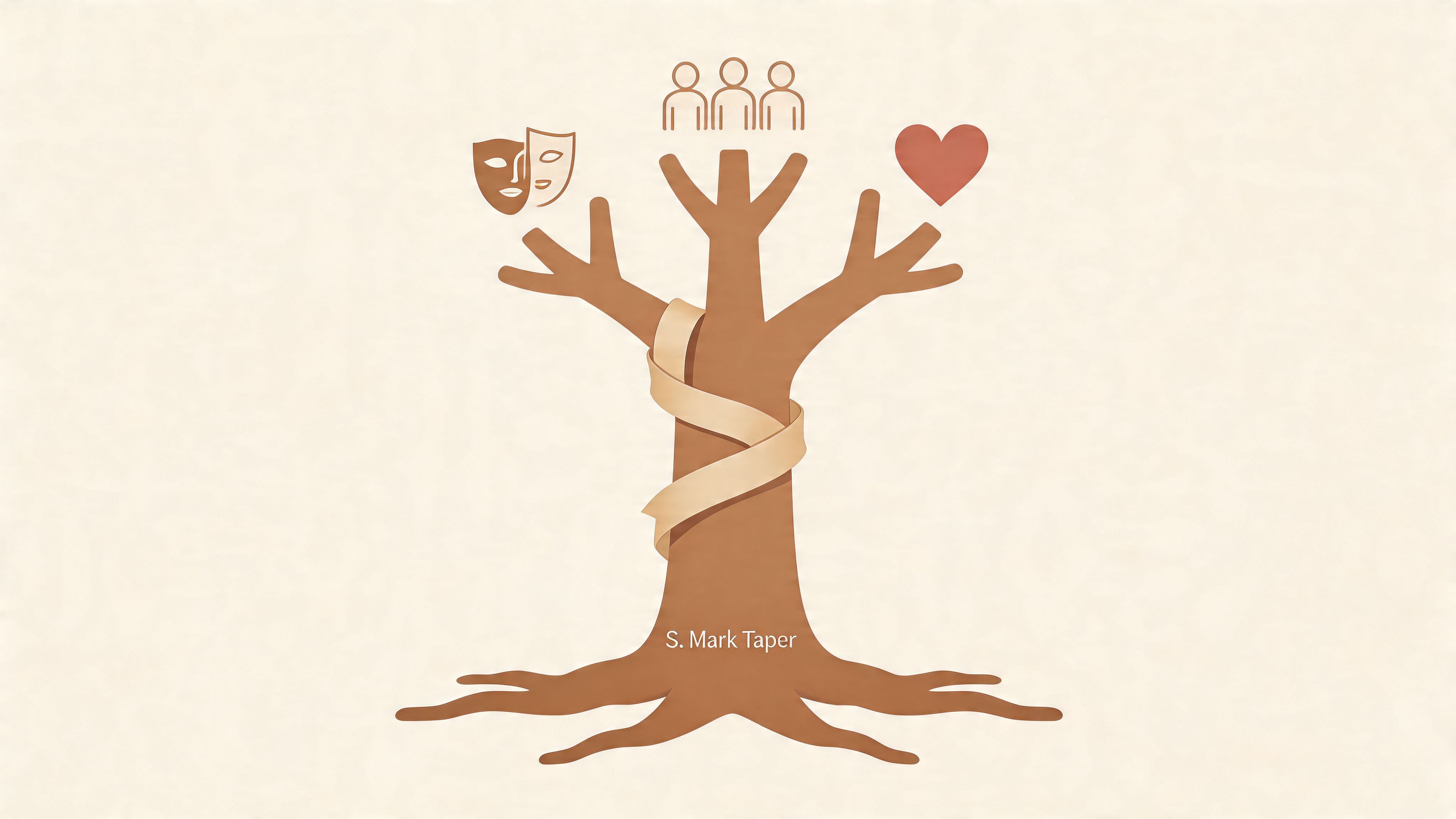 A stylized tree illustration featuring symbols for theater, community, and heart, representing the S. Mark Taper Foundation.