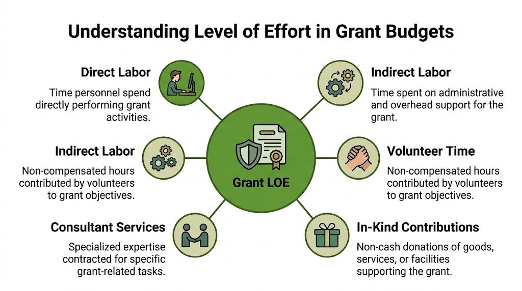 A diagram explaining the different components of level of effort in grant budget planning and management.