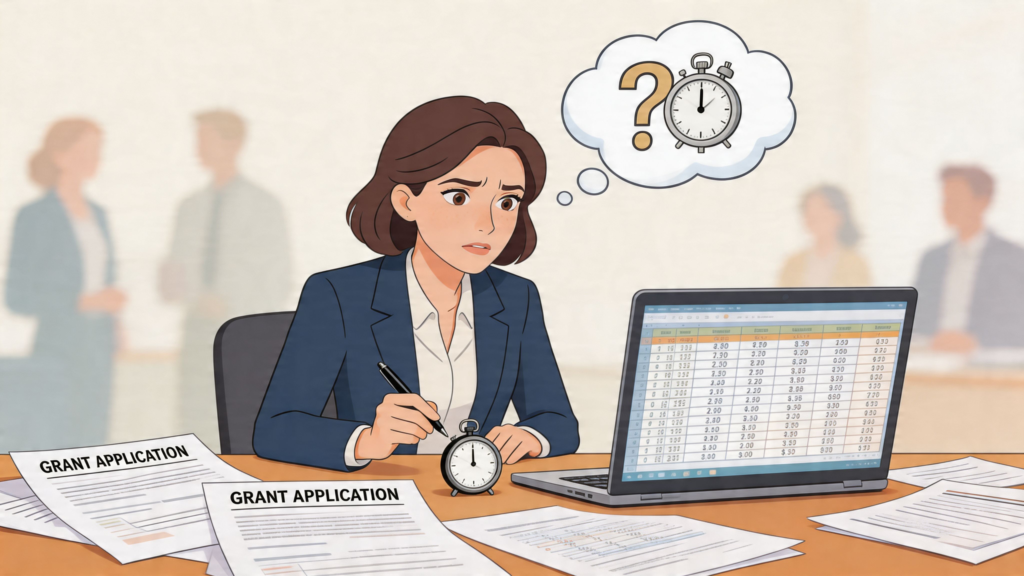 A concerned professional woman working on grant applications at her desk with a deadline looming.