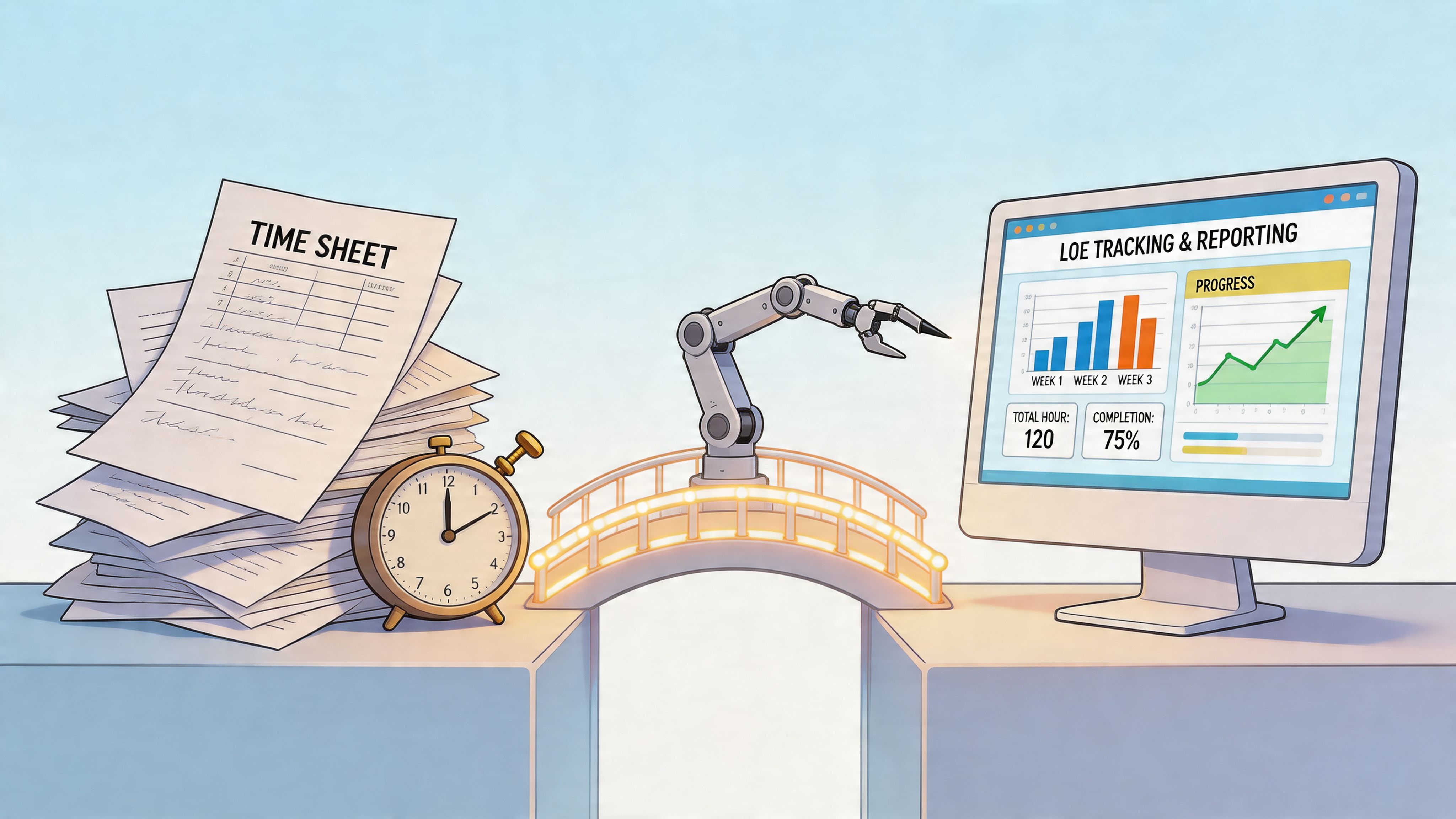 A robotic arm bridging a stack of paper time sheets and a digital progress dashboard monitor.