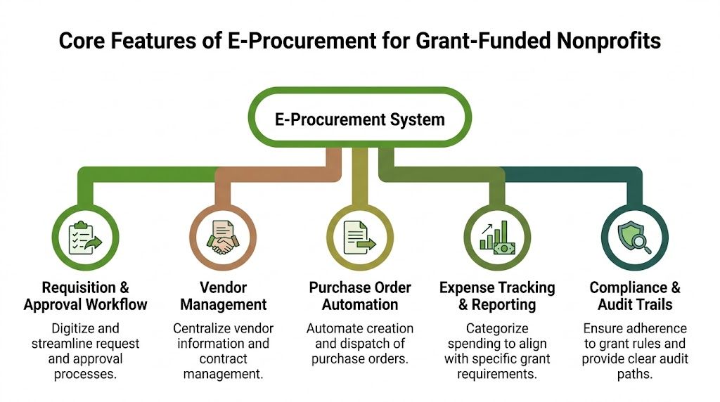 A diagram illustrating the core features of an e-procurement system designed for grant-funded nonprofit organizations.