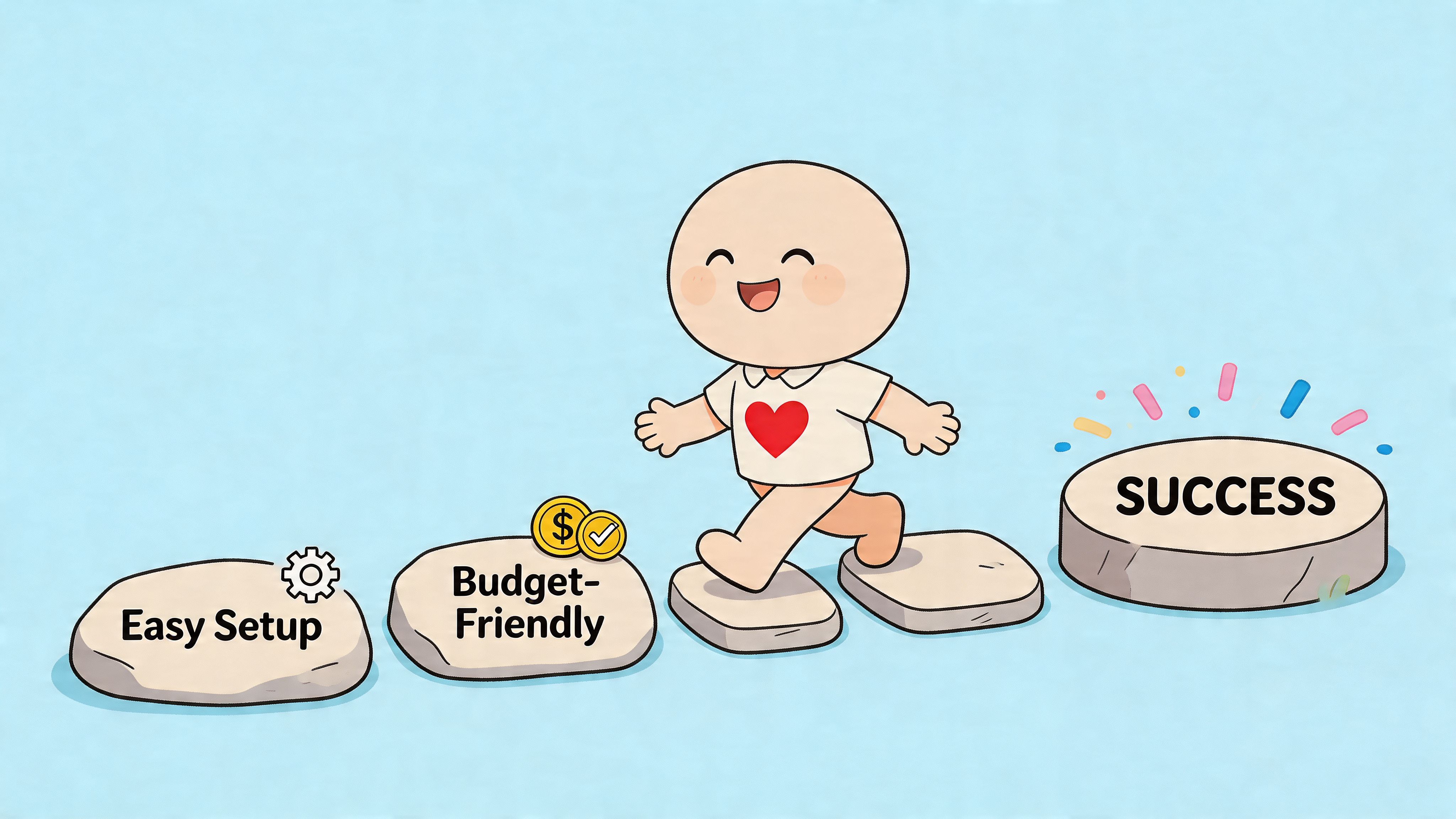 A happy cartoon character walking on stone steps labeled easy setup and budget-friendly towards success.