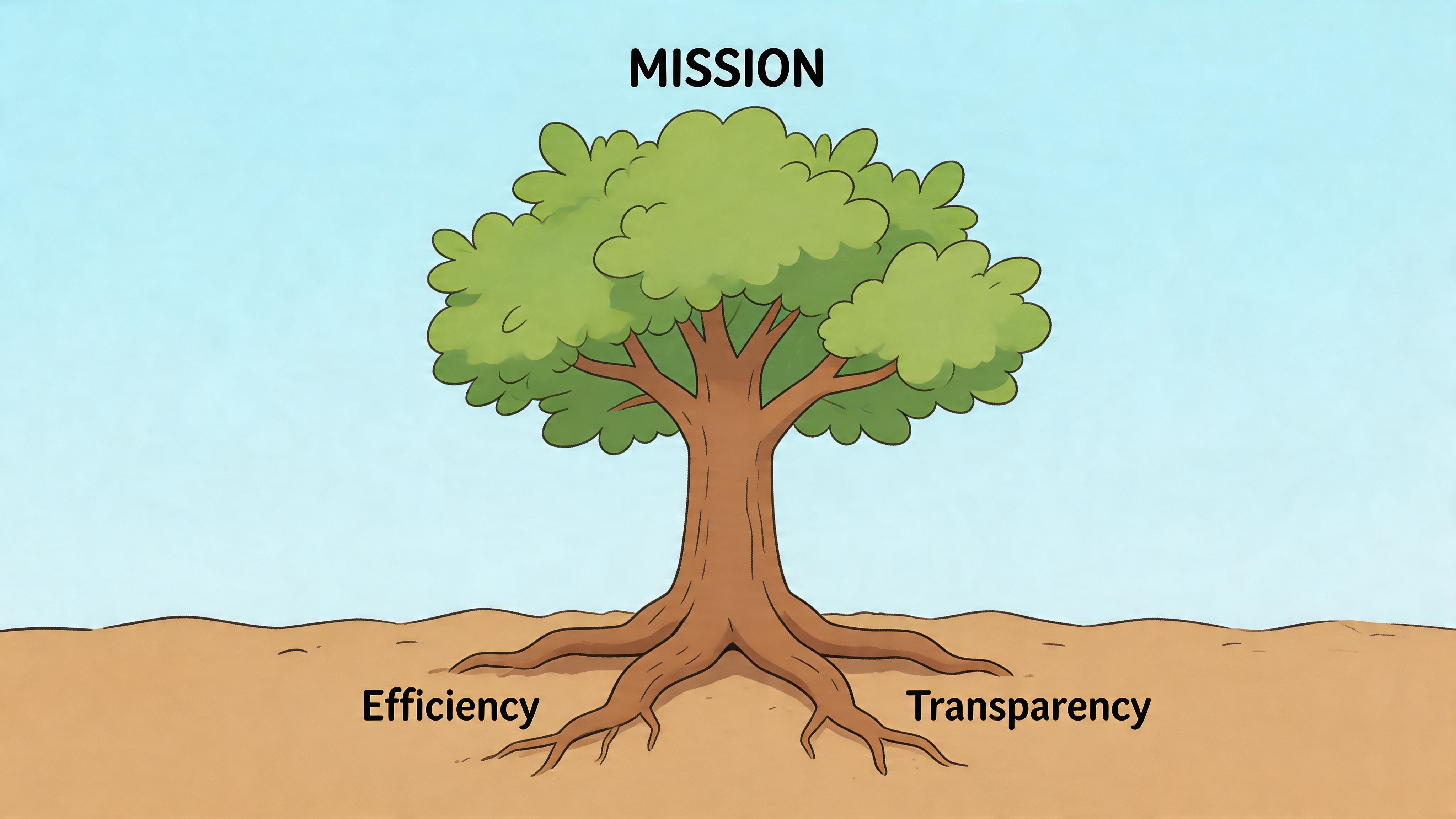 An illustration of a tree representing a mission with Efficiency and Transparency as its foundational roots.