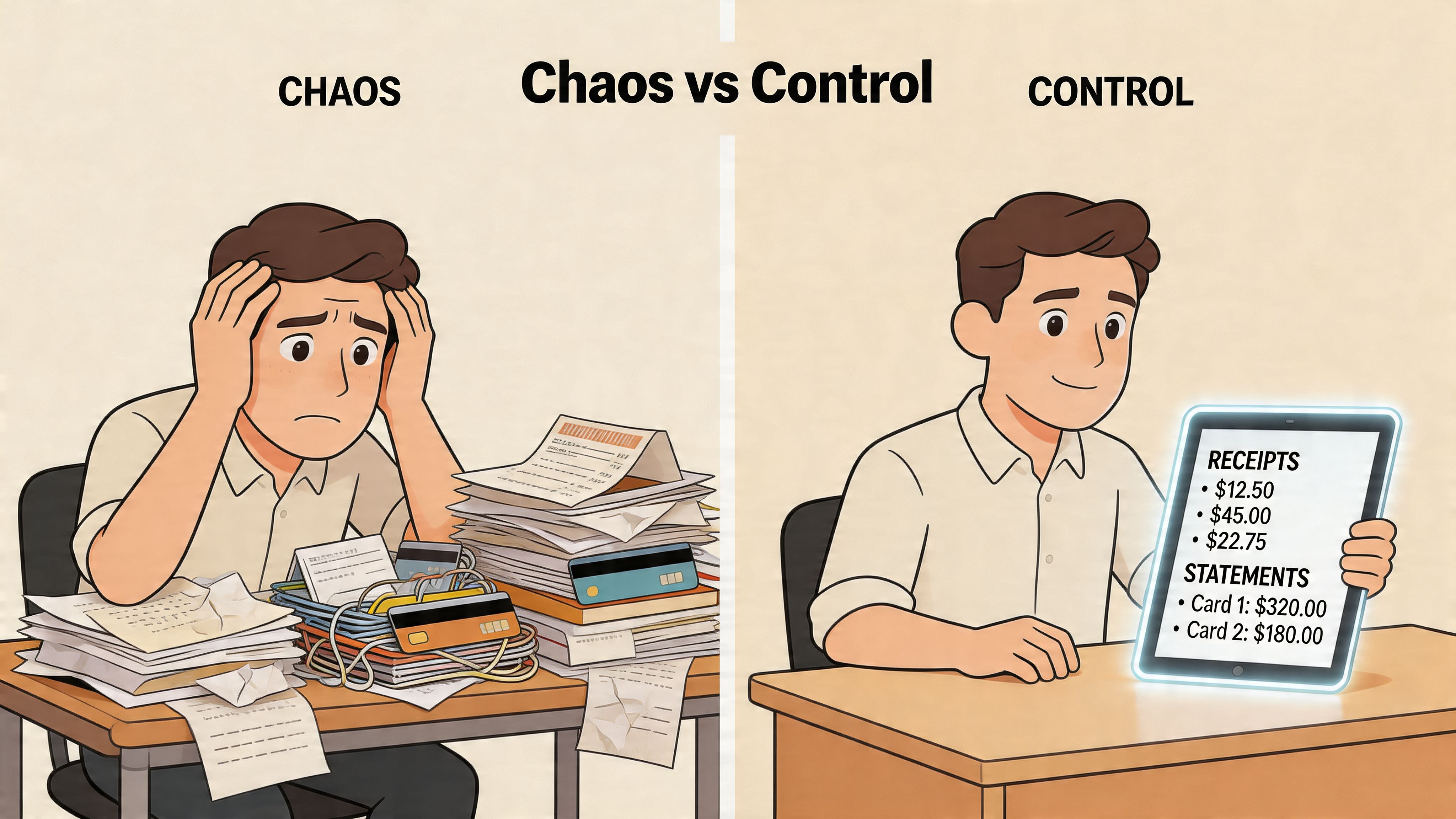 A split image comparing a stressed man with messy paperwork to a calm man using digital records.