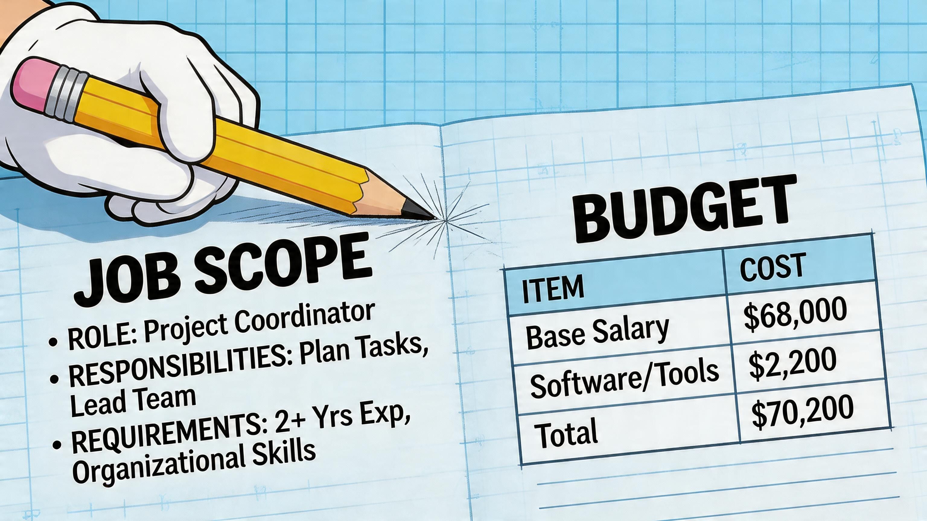 A gloved hand holds a pencil over a notepad showing a Project Coordinator job scope and budget.