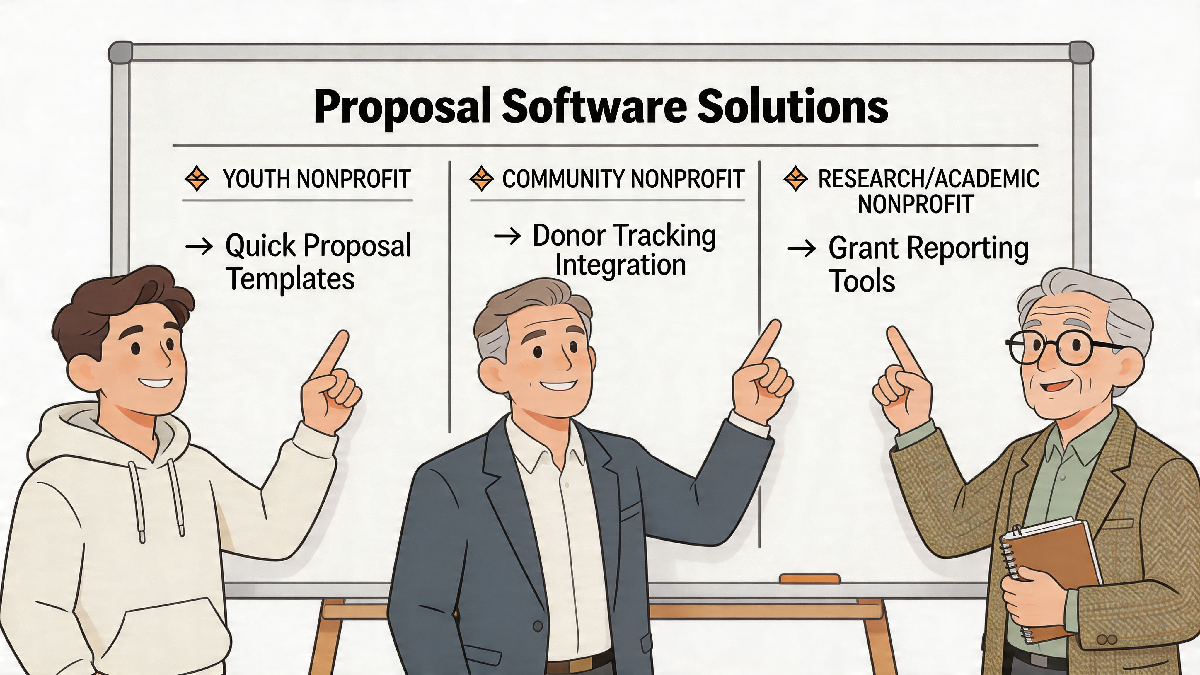 Three professional men presenting different proposal software solution features for various types of nonprofit organizations.