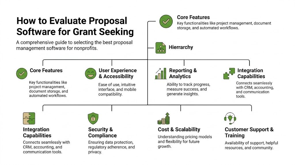 A comprehensive infographic guide on how to evaluate proposal management software for nonprofit grant seeking efforts.